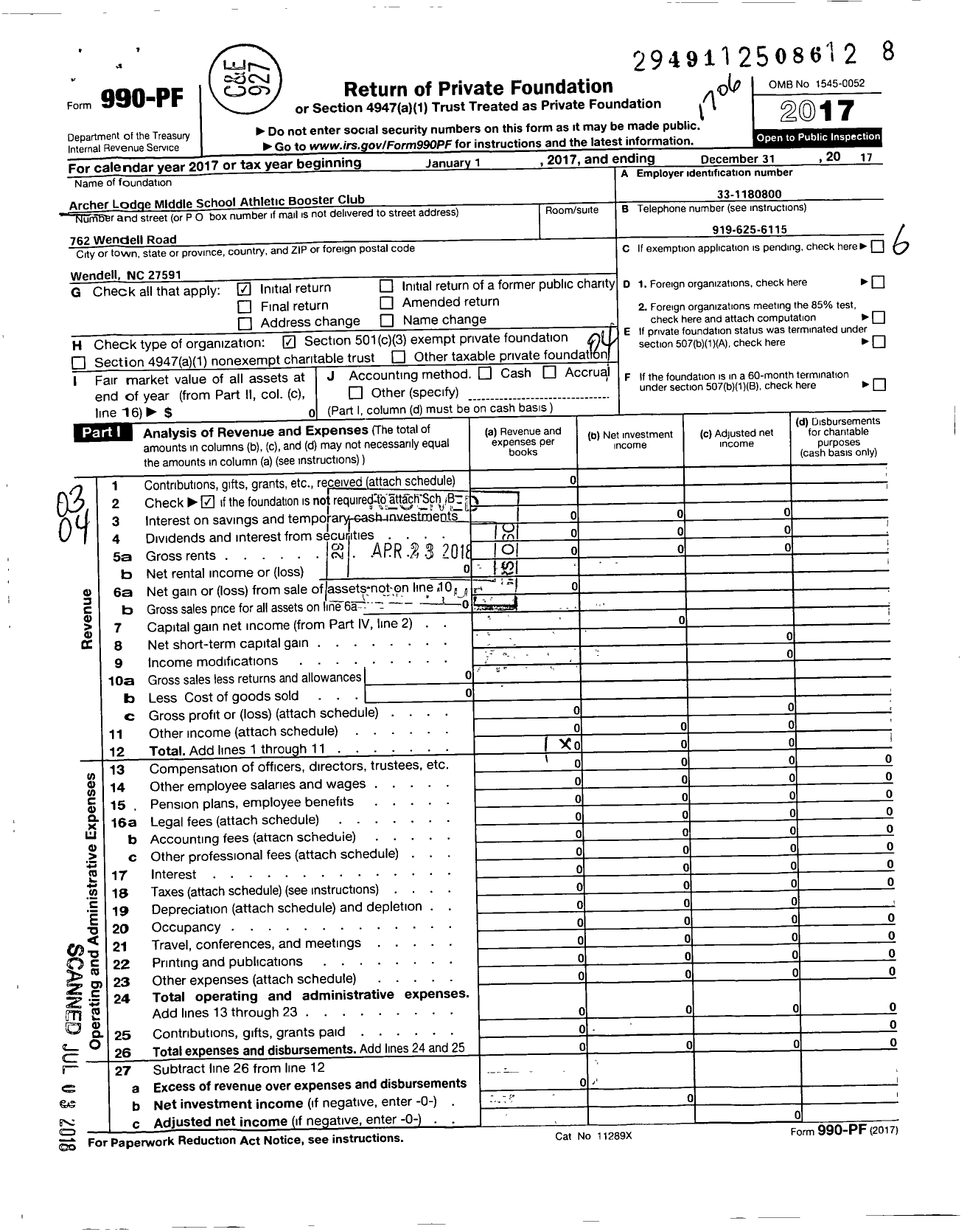 Image of first page of 2016 Form 990PF for Archer Lodge Middle School Athletic Booster Club