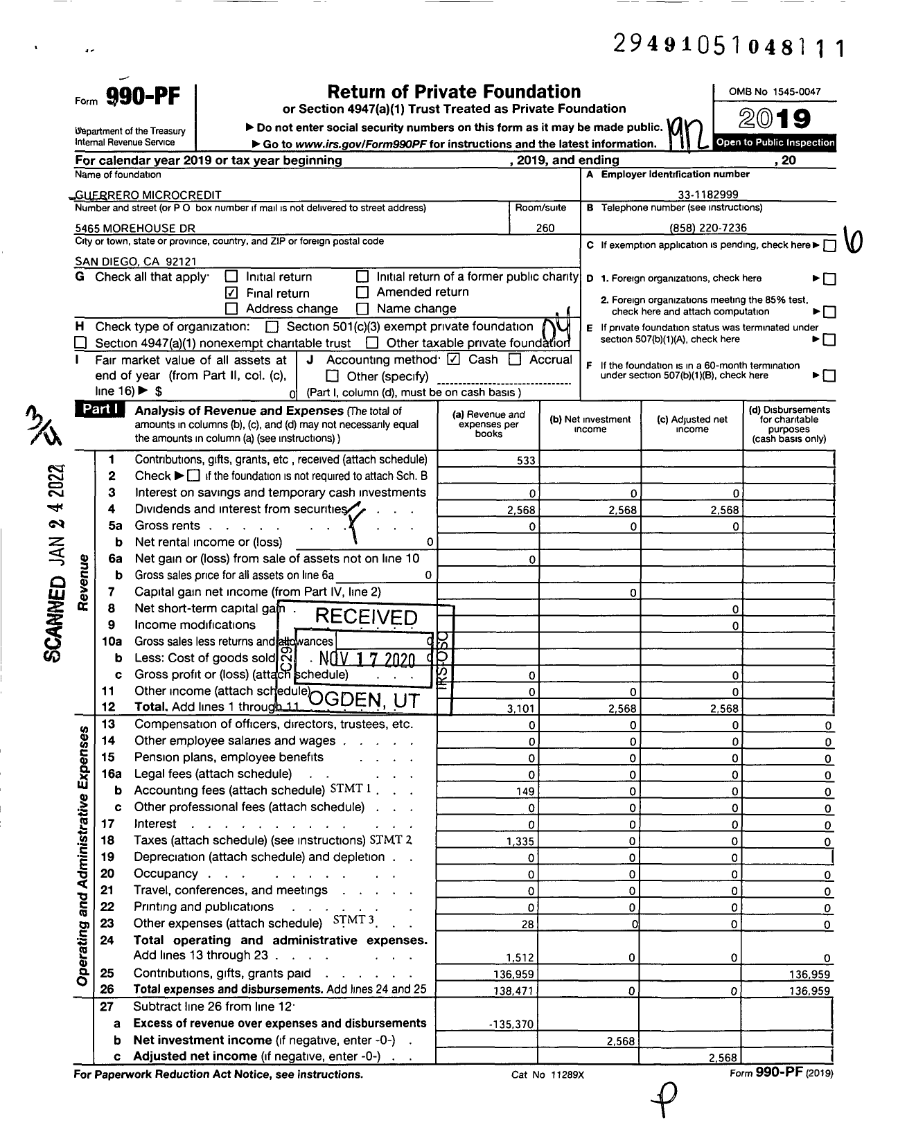 Image of first page of 2019 Form 990PF for Guerrero Microcredit