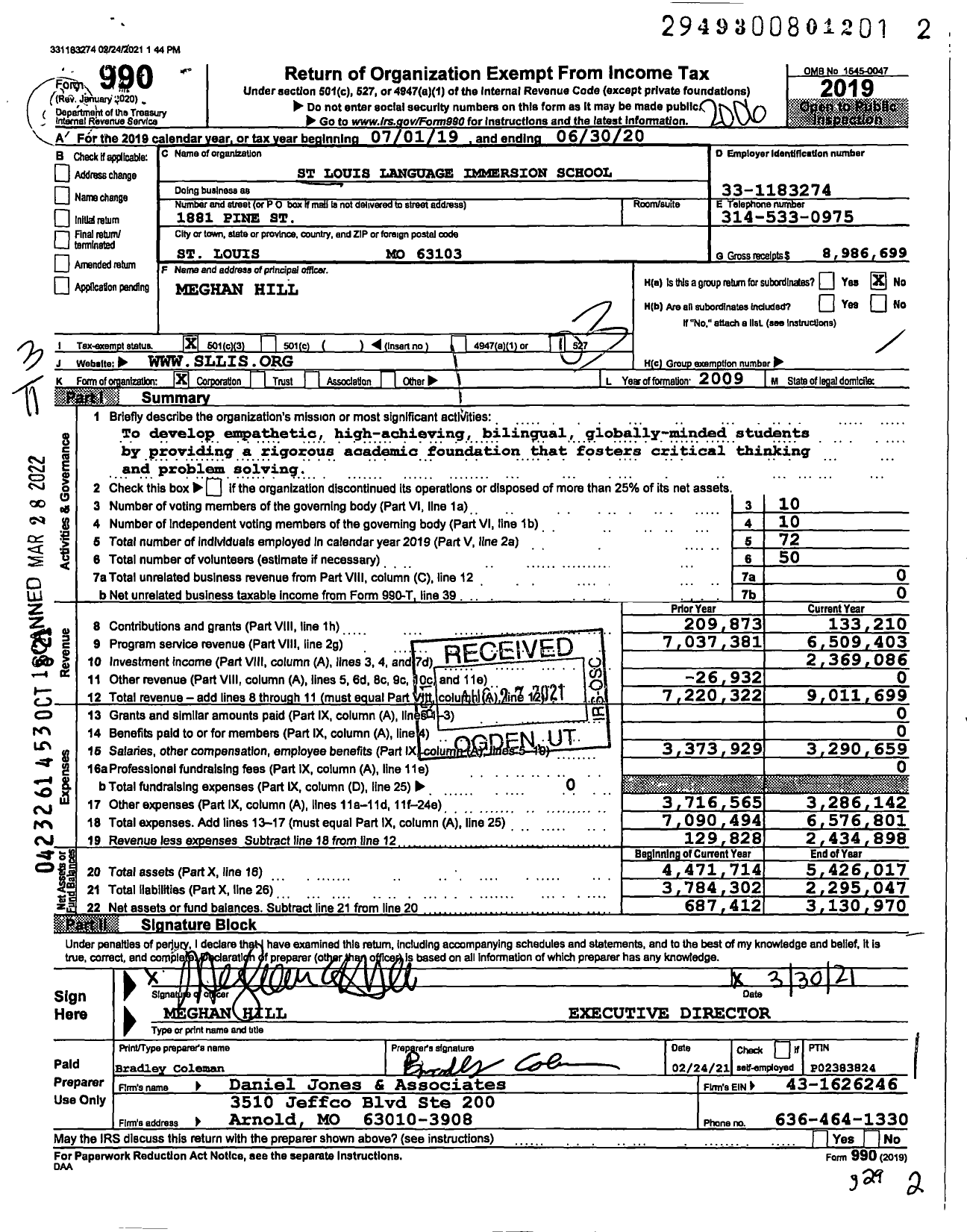 Image of first page of 2019 Form 990 for St Louis Language Immersion Schools (SLLIS)