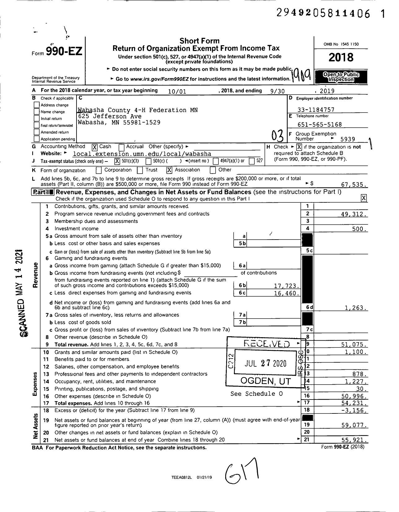 Image of first page of 2018 Form 990EZ for Wabasha County 4-H Federation MN