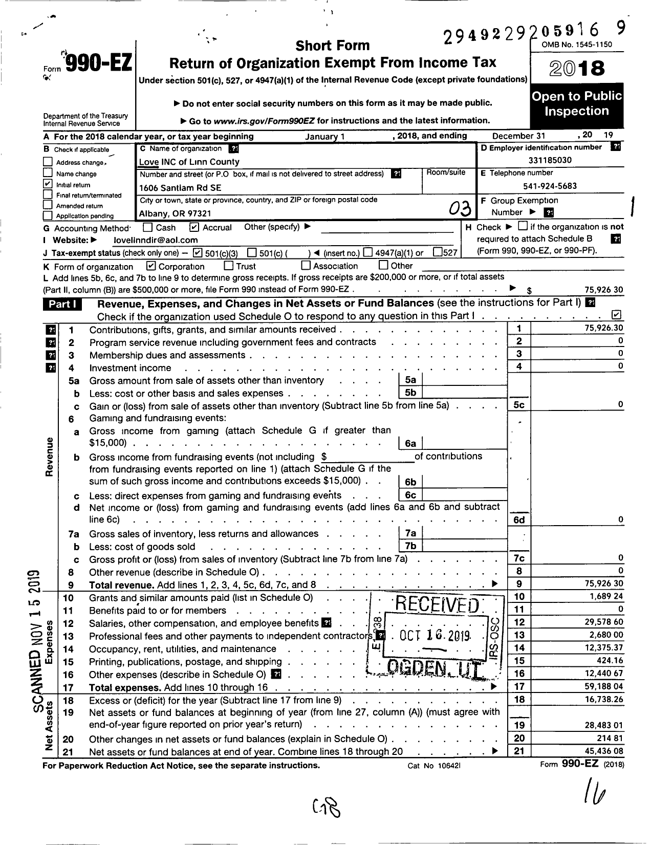 Image of first page of 2019 Form 990EZ for Love of Linn County