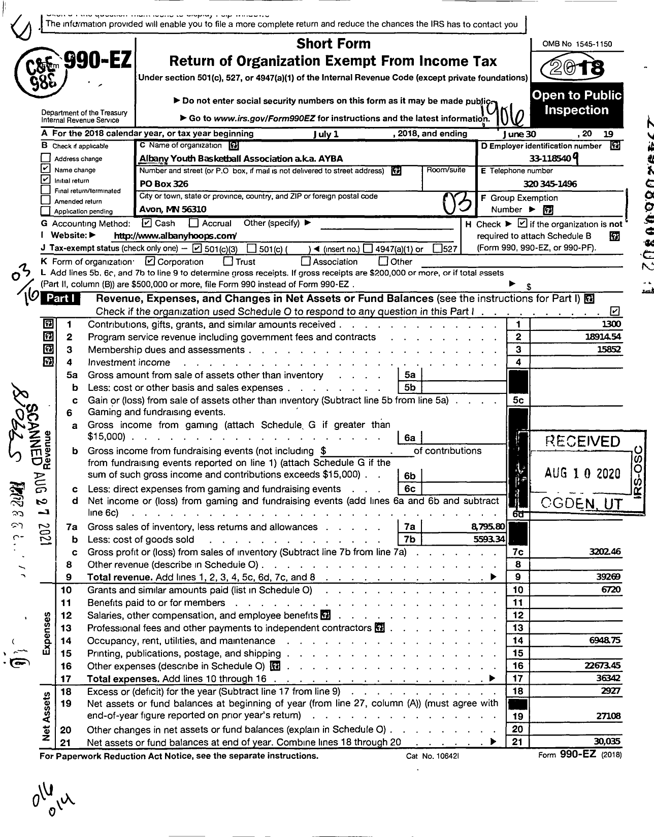 Image of first page of 2018 Form 990EZ for Albany Youth Basketball Association (AYBA)