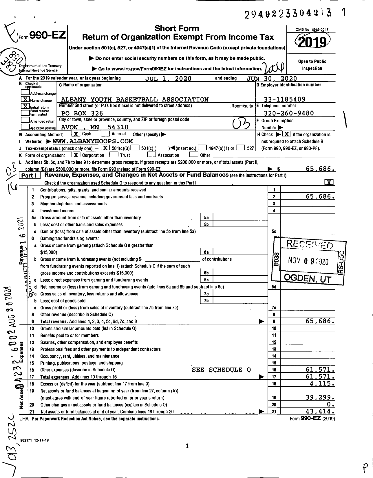 Image of first page of 2019 Form 990EZ for Albany Youth Basketball Association (AYBA)