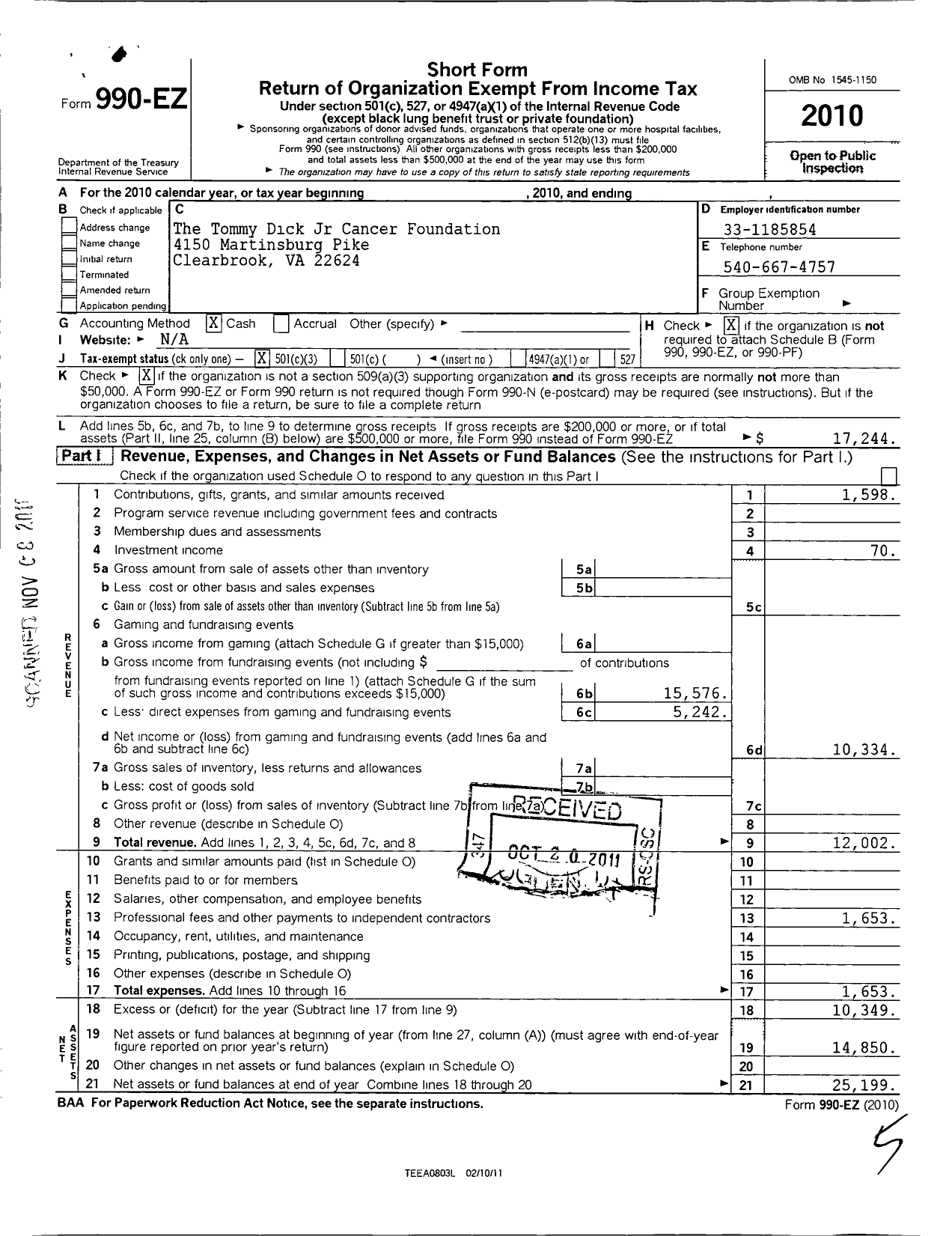 Image of first page of 2010 Form 990EZ for The Tommy Dick JR Cancer Foundation