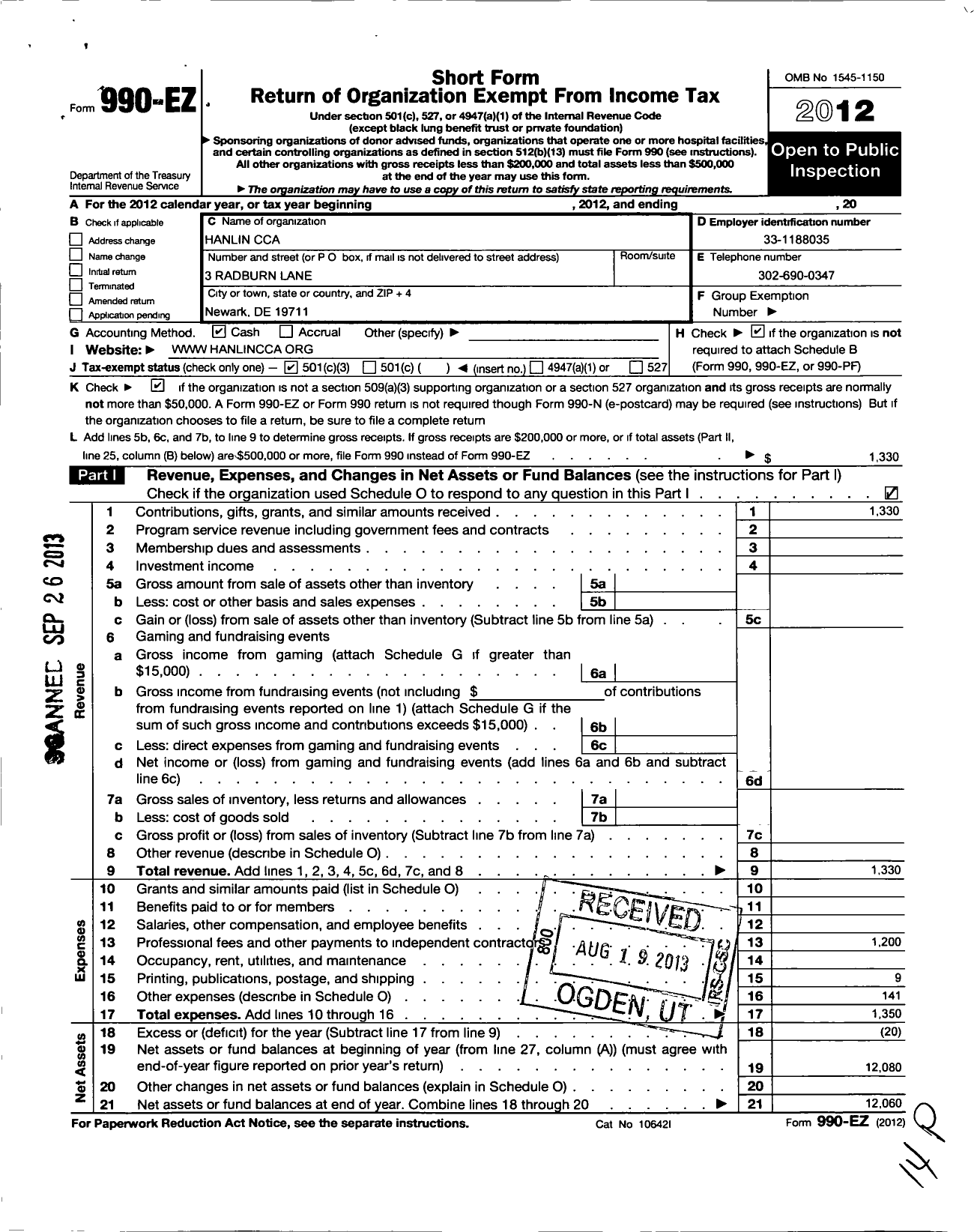 Image of first page of 2012 Form 990EZ for Hanlin Chinese Culture Association