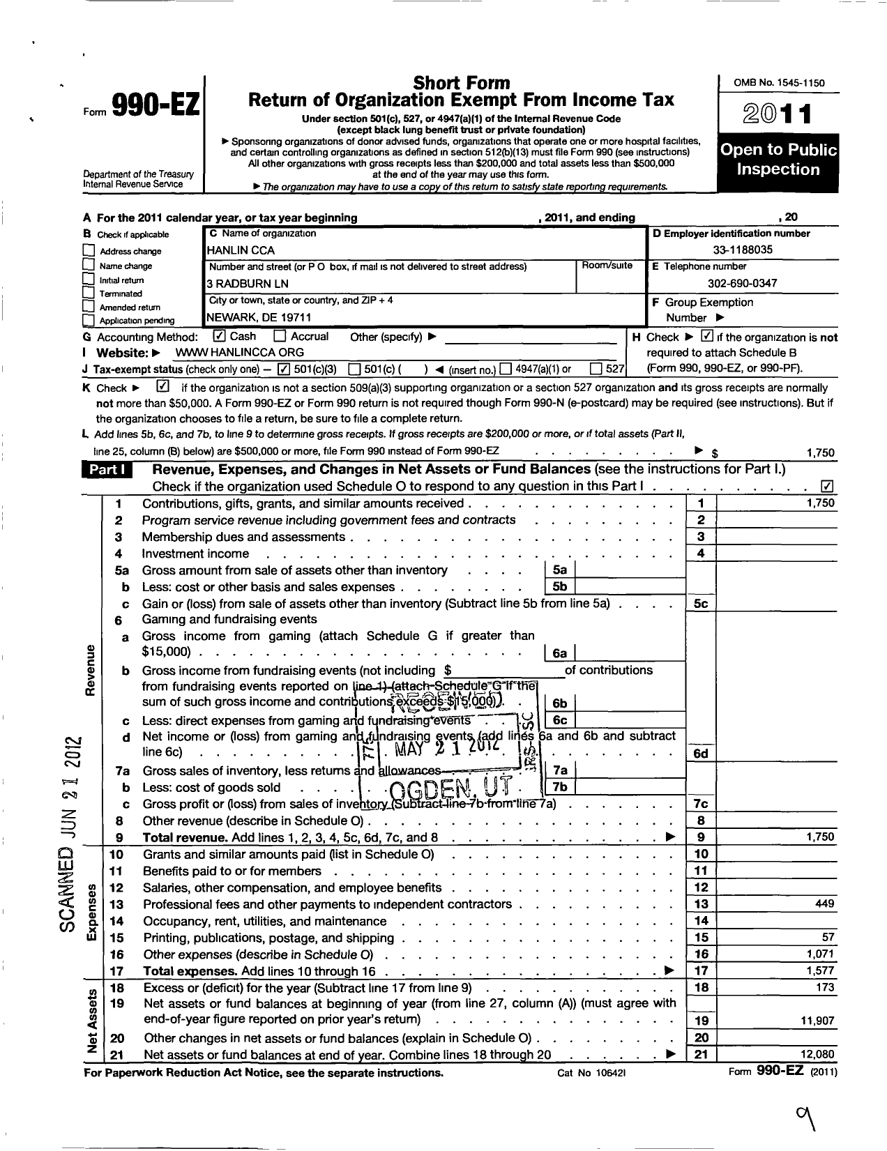 Image of first page of 2011 Form 990EZ for Hanlin Chinese Culture Association