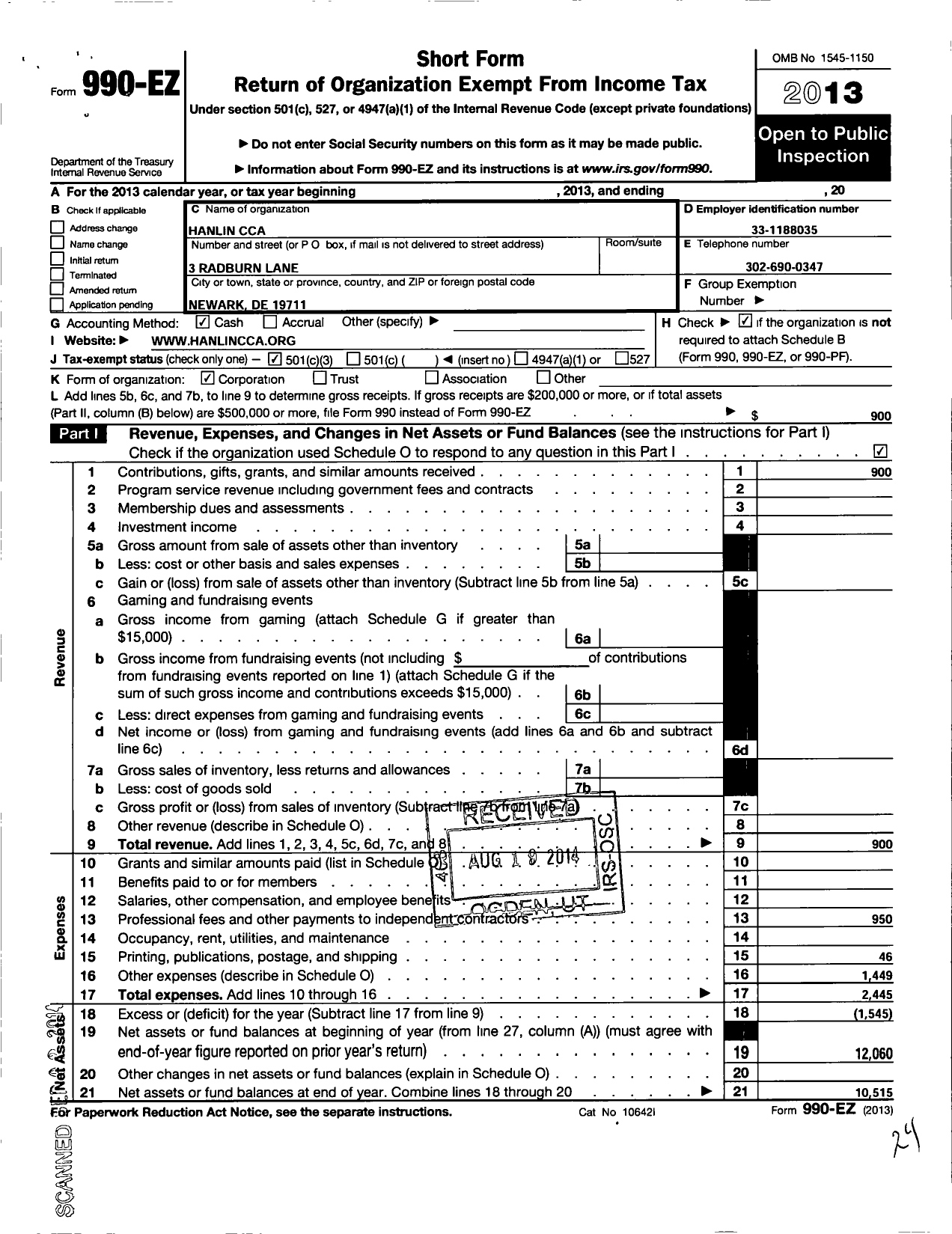 Image of first page of 2013 Form 990EZ for Hanlin Chinese Culture Association