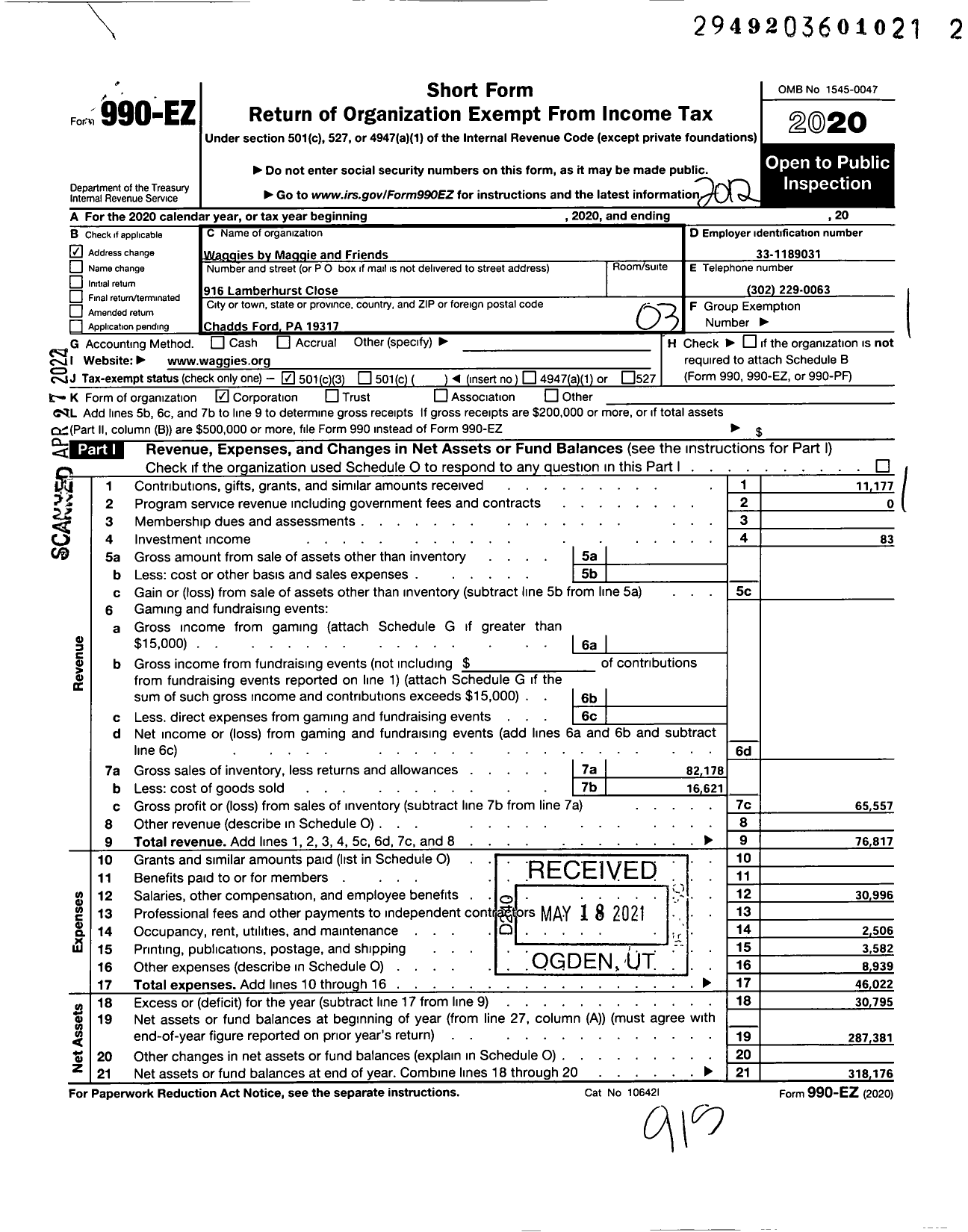 Image of first page of 2020 Form 990EZ for Waggies by Maggie and Friends