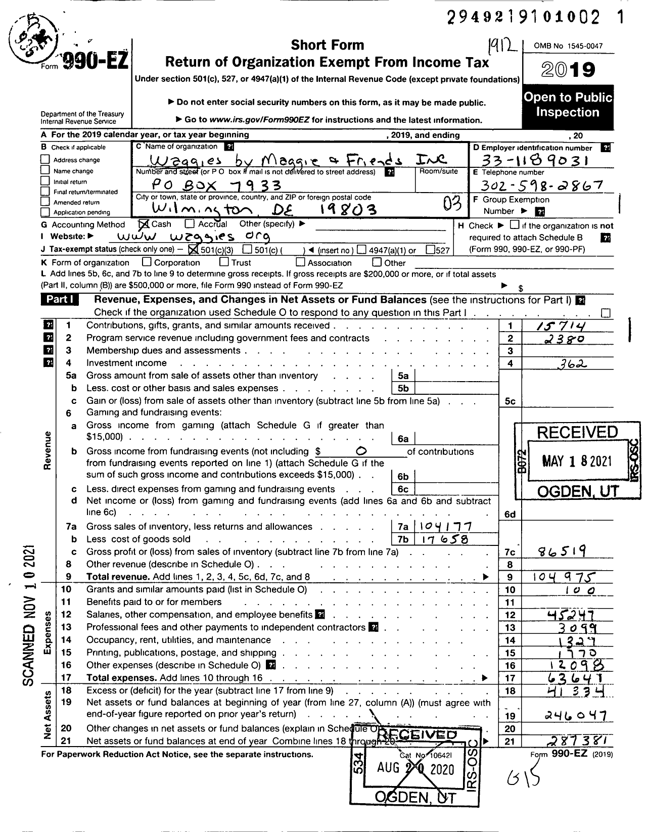 Image of first page of 2019 Form 990EZ for Waggies by Maggie and Friends