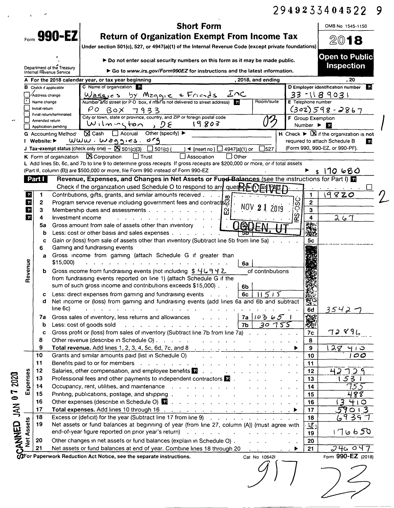 Image of first page of 2018 Form 990EZ for Waggies by Maggie and Friends