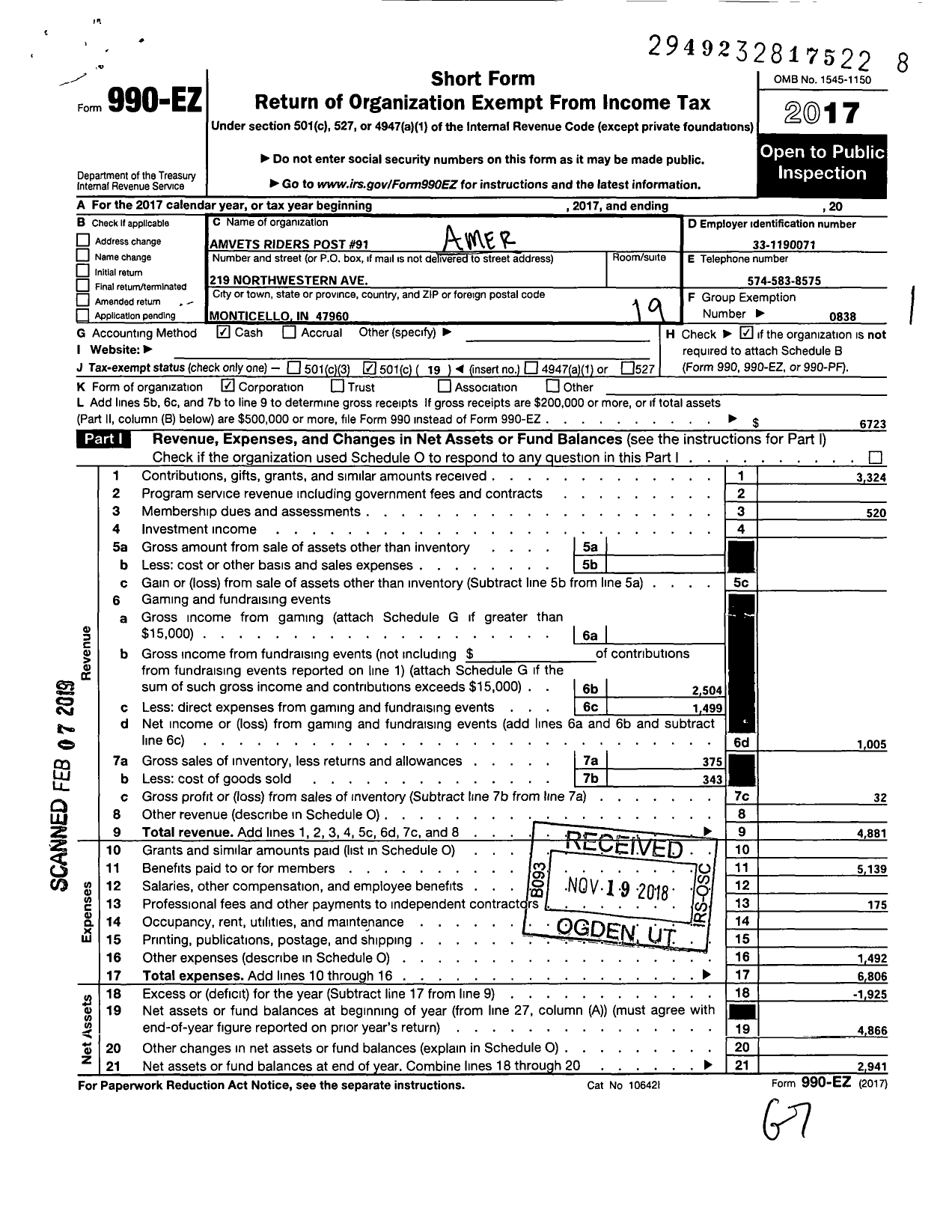 Image of first page of 2017 Form 990EO for Amvets - In 91