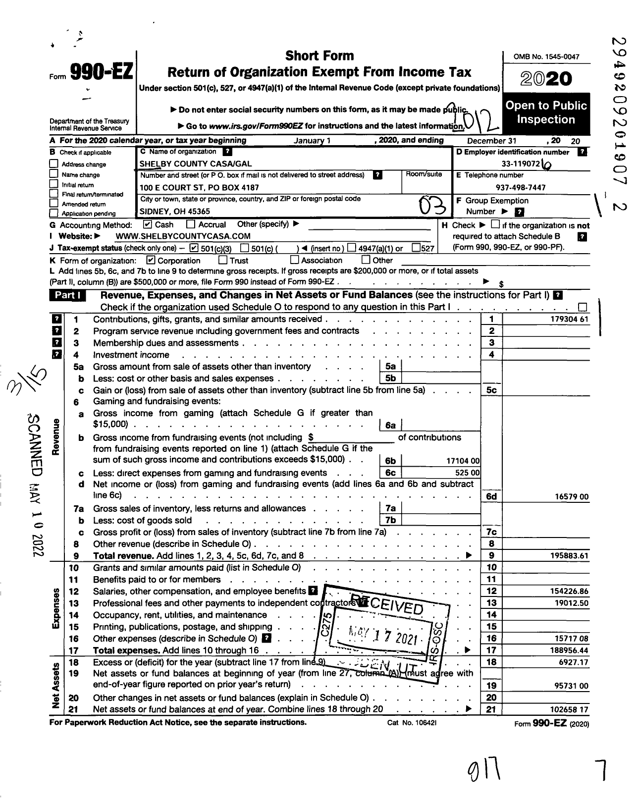 Image of first page of 2020 Form 990EZ for Shelby County Casagal Program