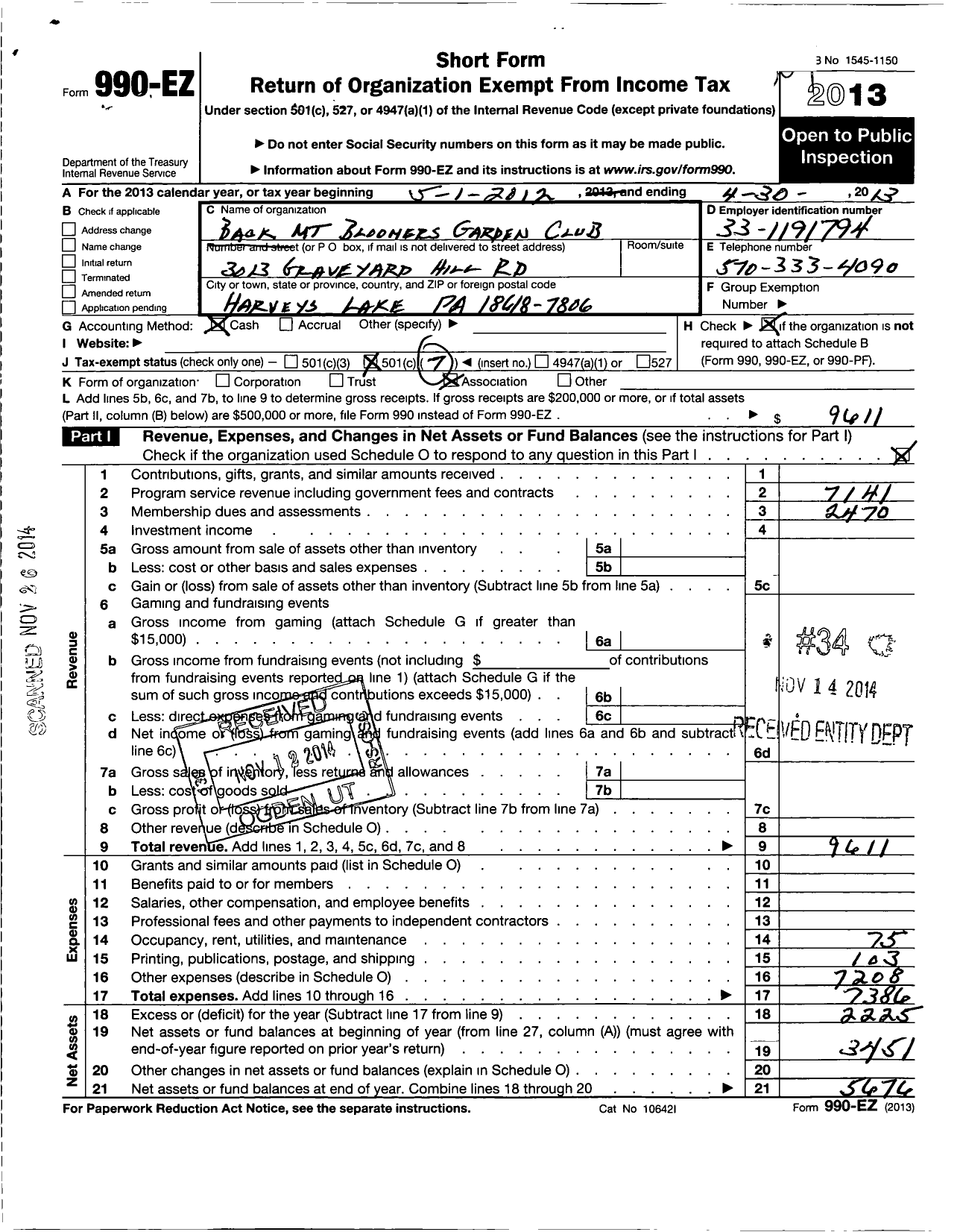 Image of first page of 2012 Form 990EO for Back Mountain Bloomers Garden Club