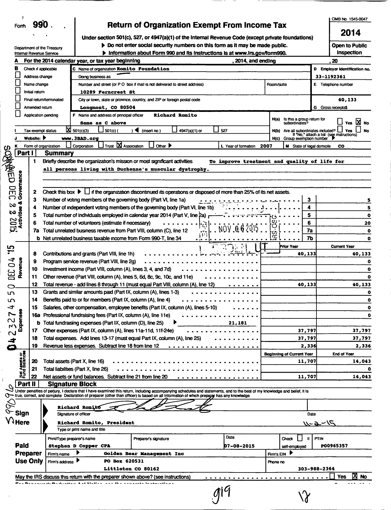 Image of first page of 2014 Form 990 for Romito Foundation