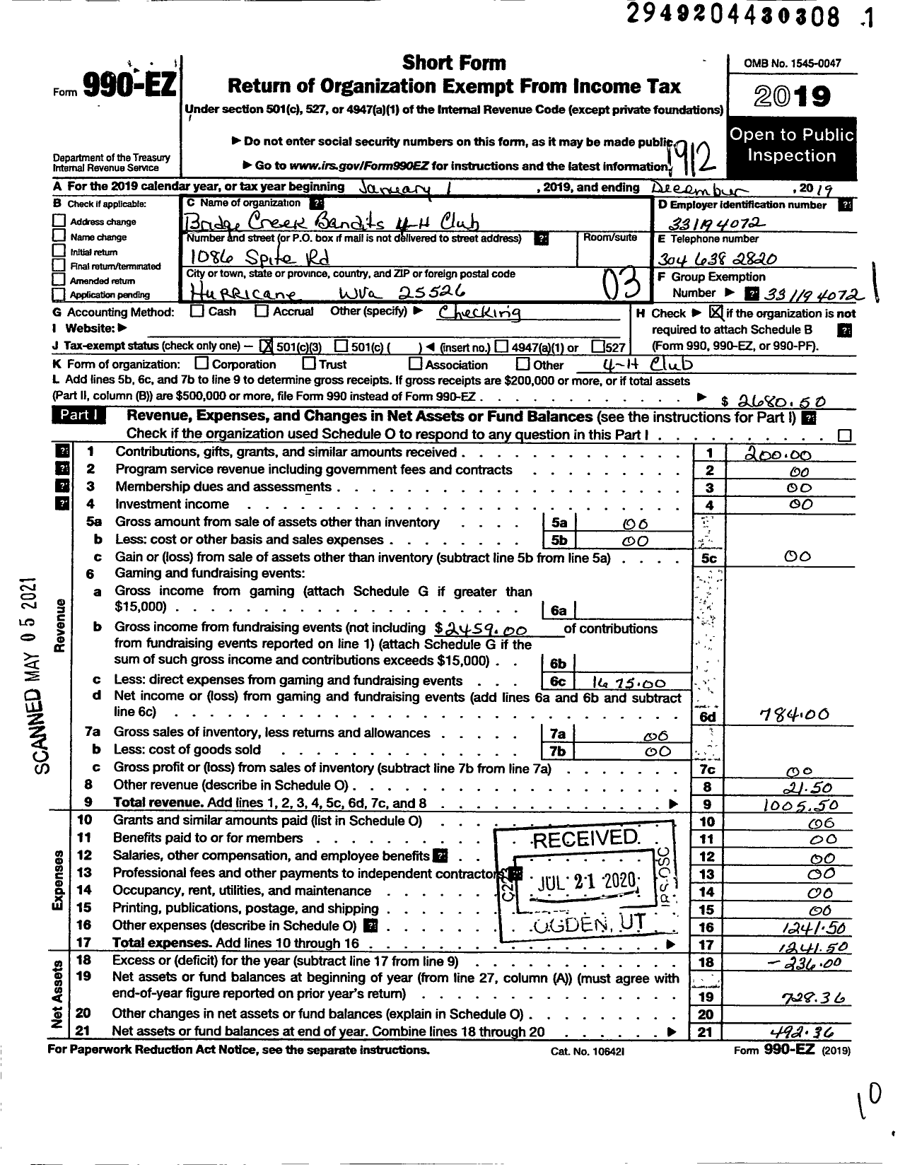 Image of first page of 2019 Form 990EZ for State of West Virginia West Virginia University / Bridge Creek Bandits 4-H Club