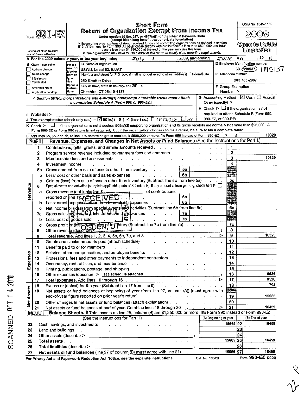 Image of first page of 2009 Form 990EO for International Association of Machinists and Aerospace Workers - 62a Cheshire