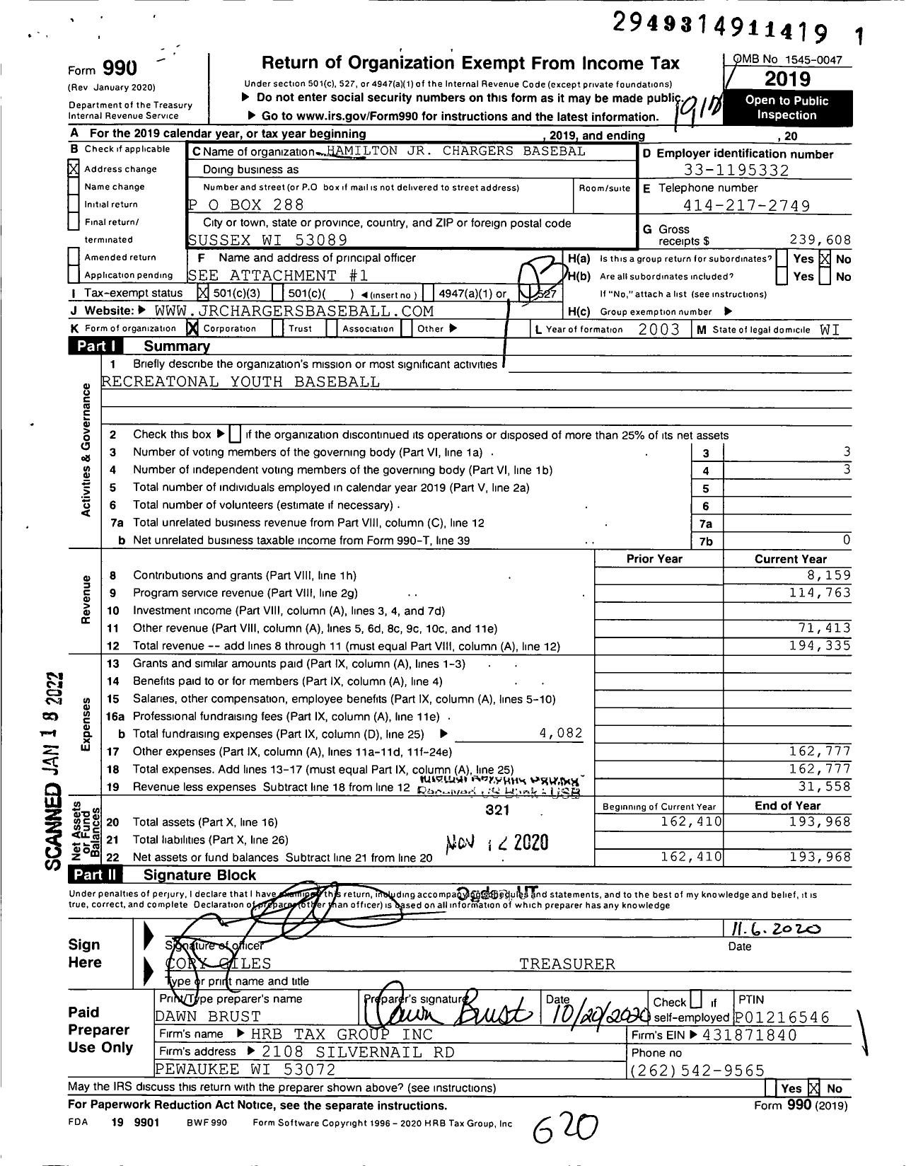 Image of first page of 2019 Form 990 for Hamilton JR Chargers Baseball