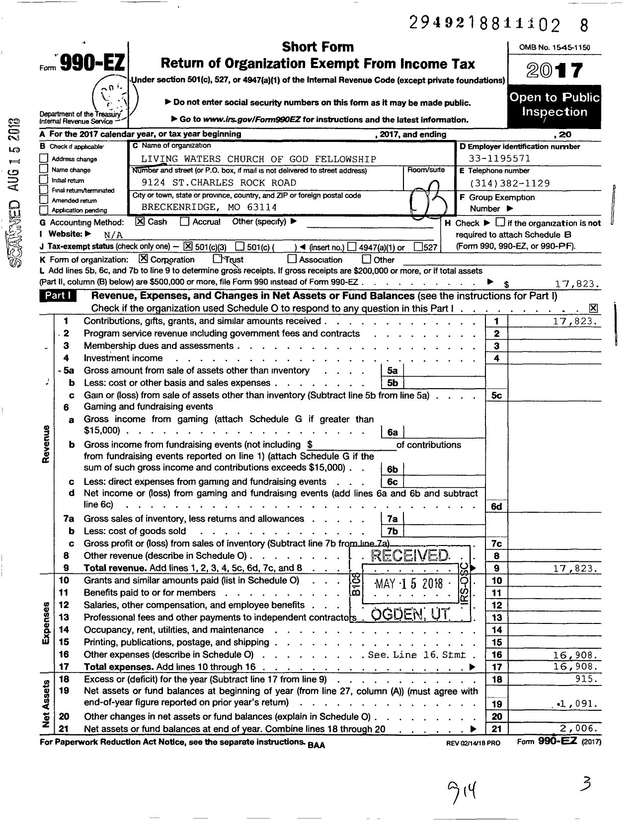 Image of first page of 2017 Form 990EZ for Living Waters Church of God Fellowship