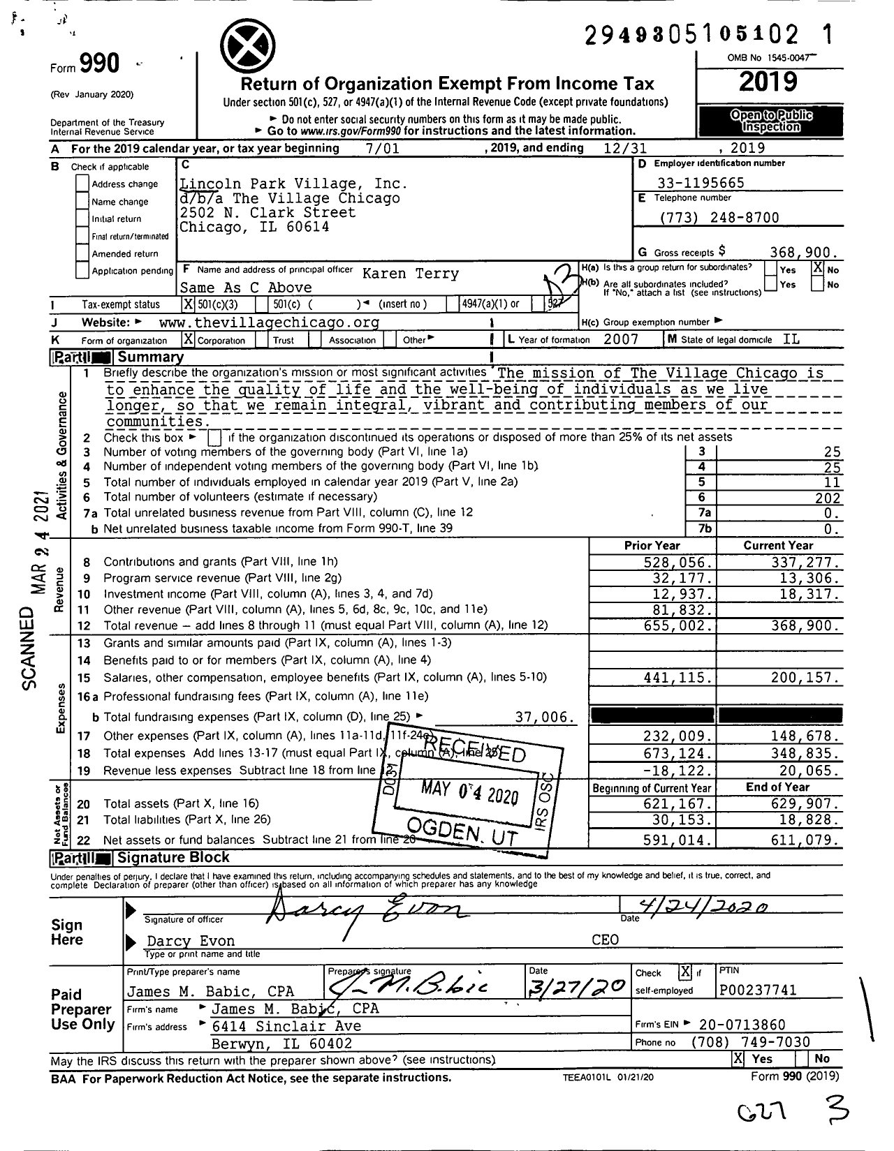 Image of first page of 2019 Form 990 for The Village Chicago