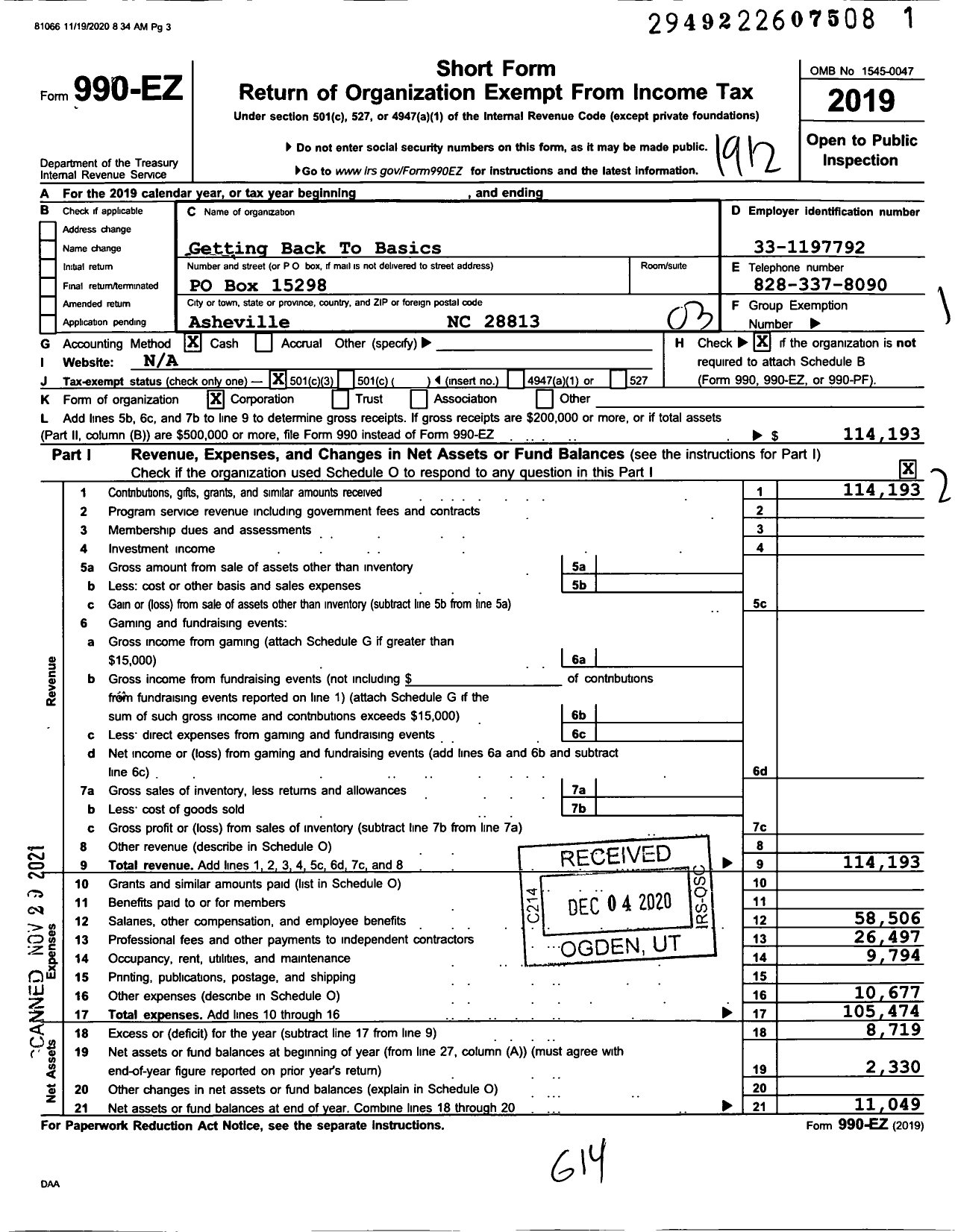 Image of first page of 2019 Form 990EZ for Getting Back To Basics