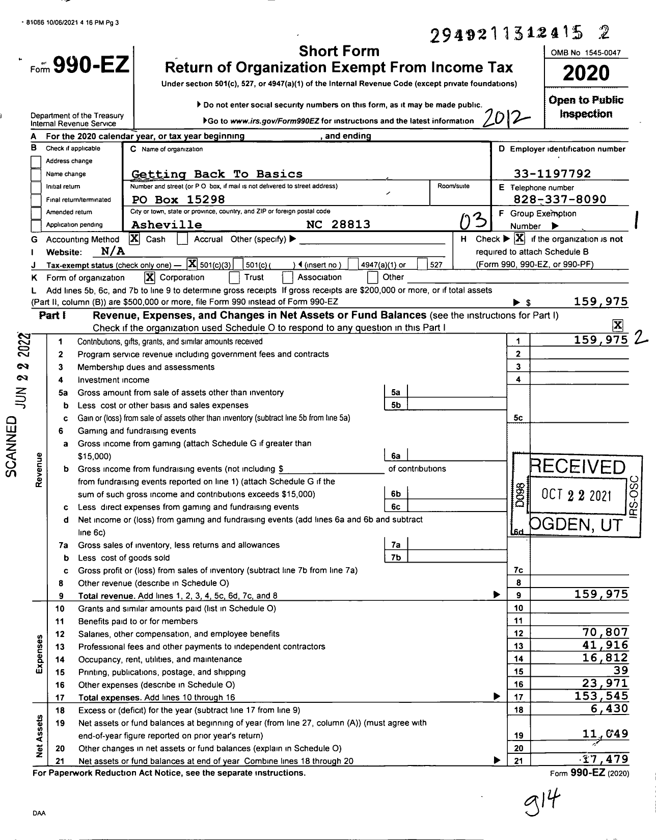 Image of first page of 2020 Form 990EZ for Getting Back To Basics