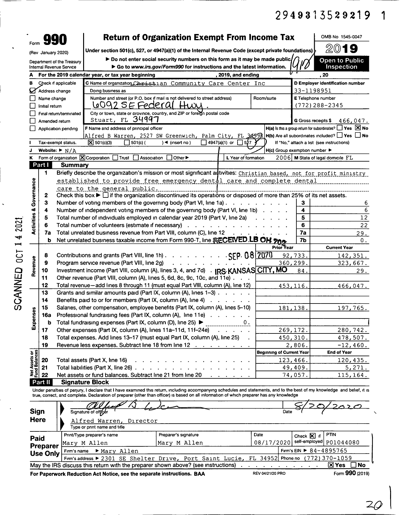 Image of first page of 2019 Form 990 for Christian Community Care Center