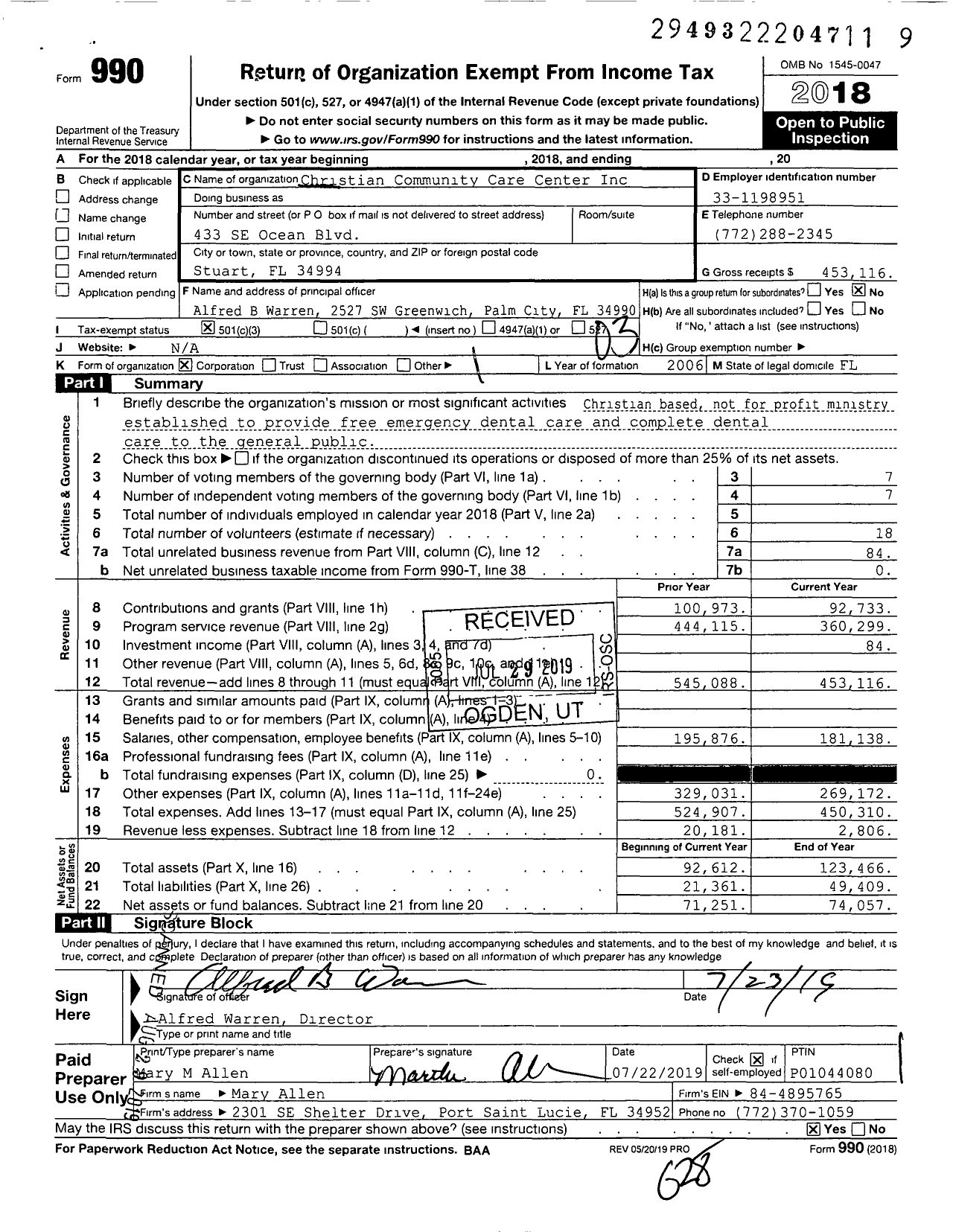 Image of first page of 2018 Form 990 for Christian Community Care Center