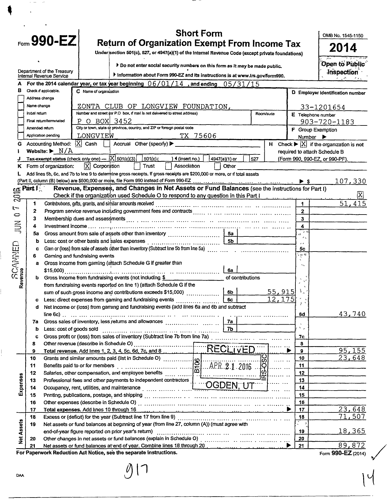 Image of first page of 2014 Form 990EZ for Zonta Club of Longview Foundation