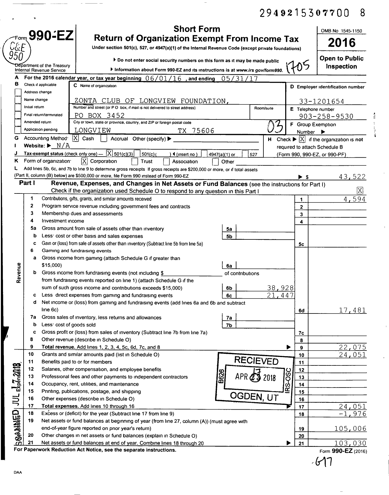 Image of first page of 2016 Form 990EZ for Zonta Club of Longview Foundation