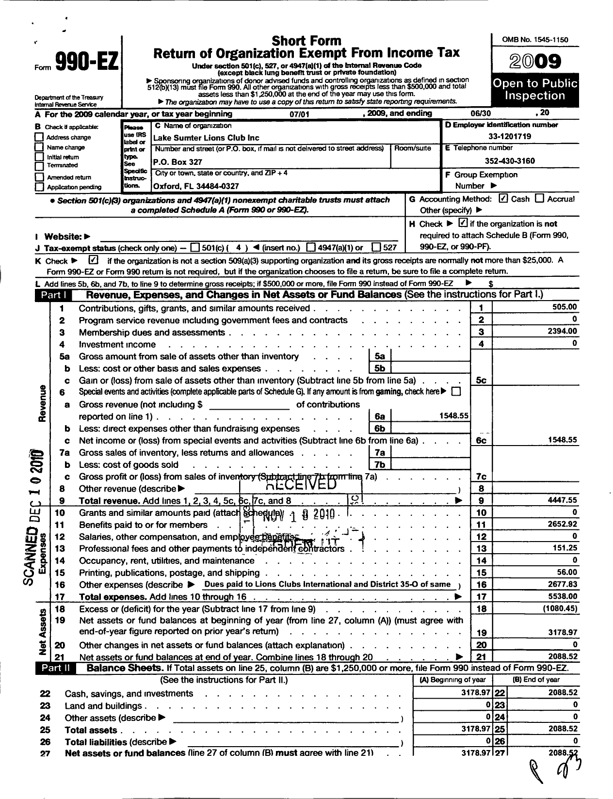 Image of first page of 2009 Form 990EO for Lions Clubs - 100760 Lake Sumter