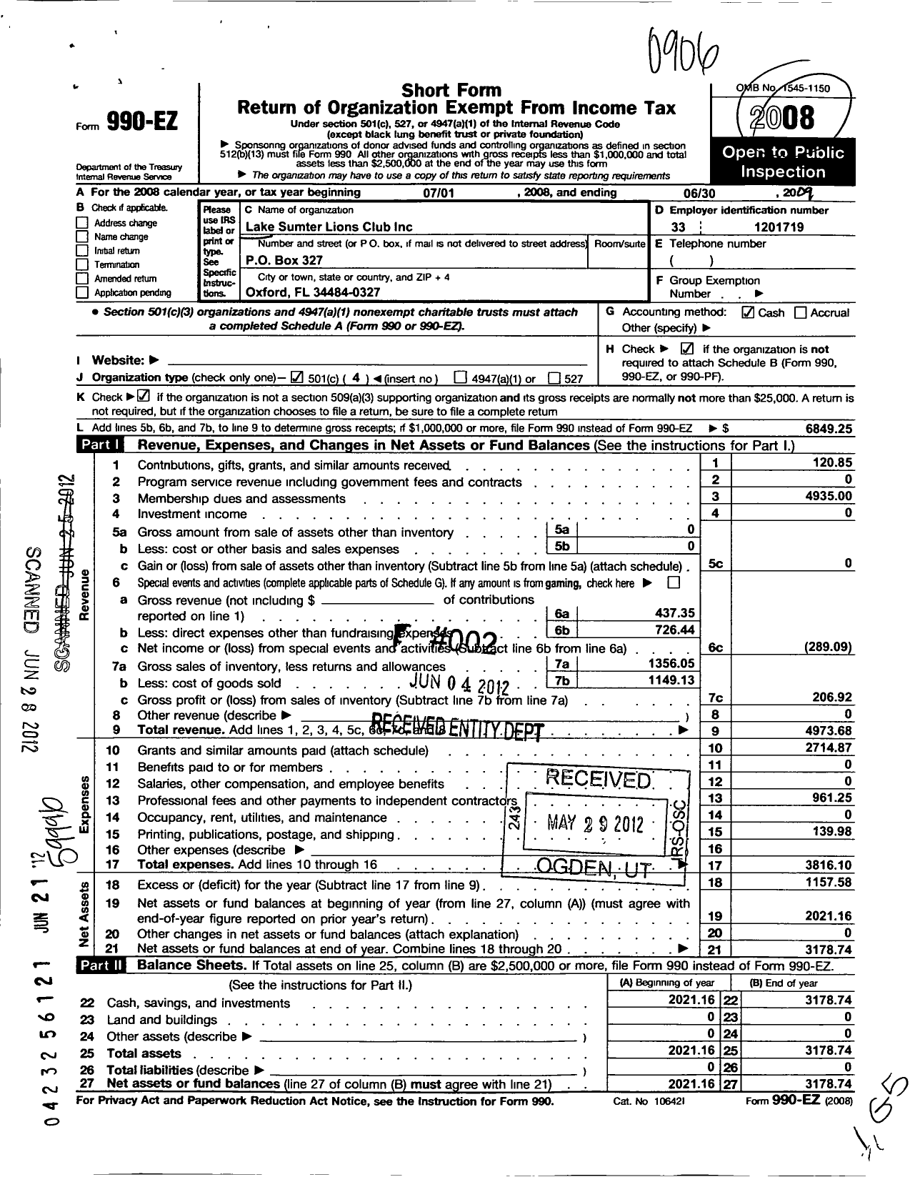 Image of first page of 2008 Form 990EO for Lions Clubs - 100760 Lake Sumter