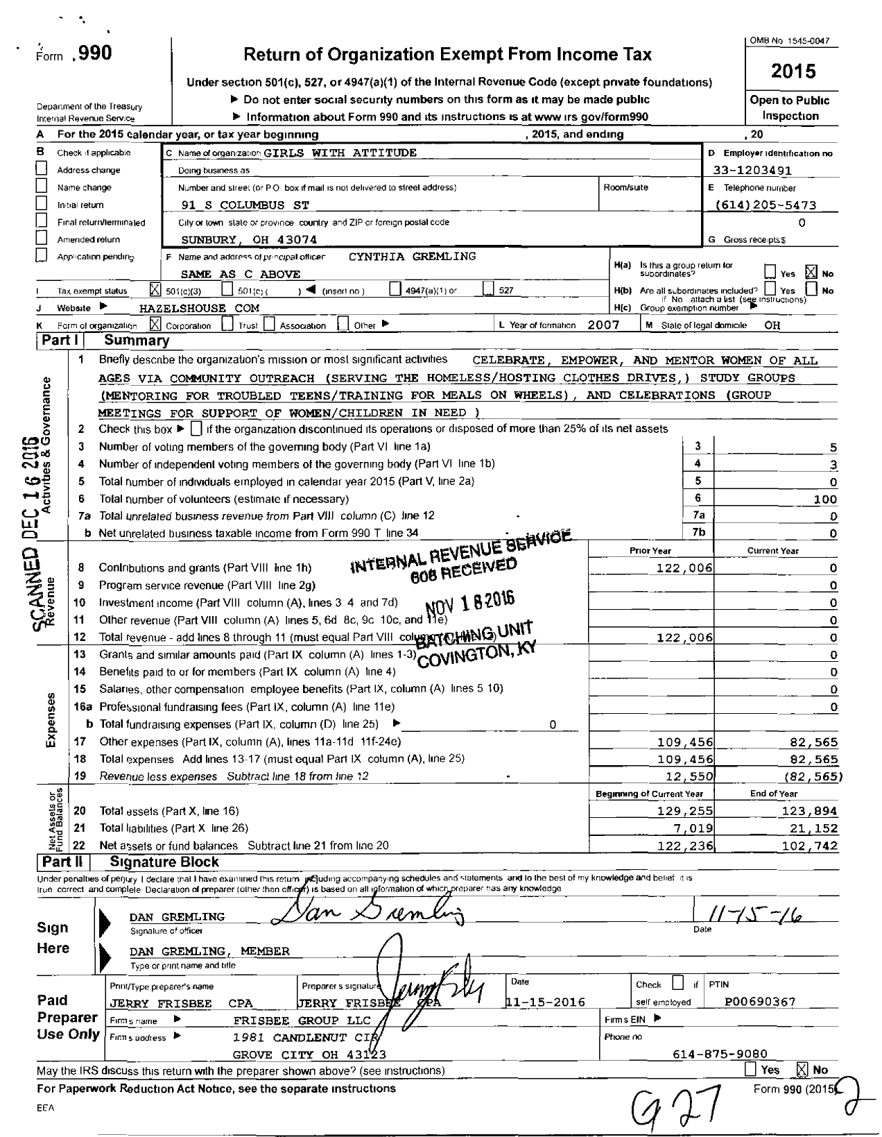 Image of first page of 2015 Form 990 for Girls with Attitude