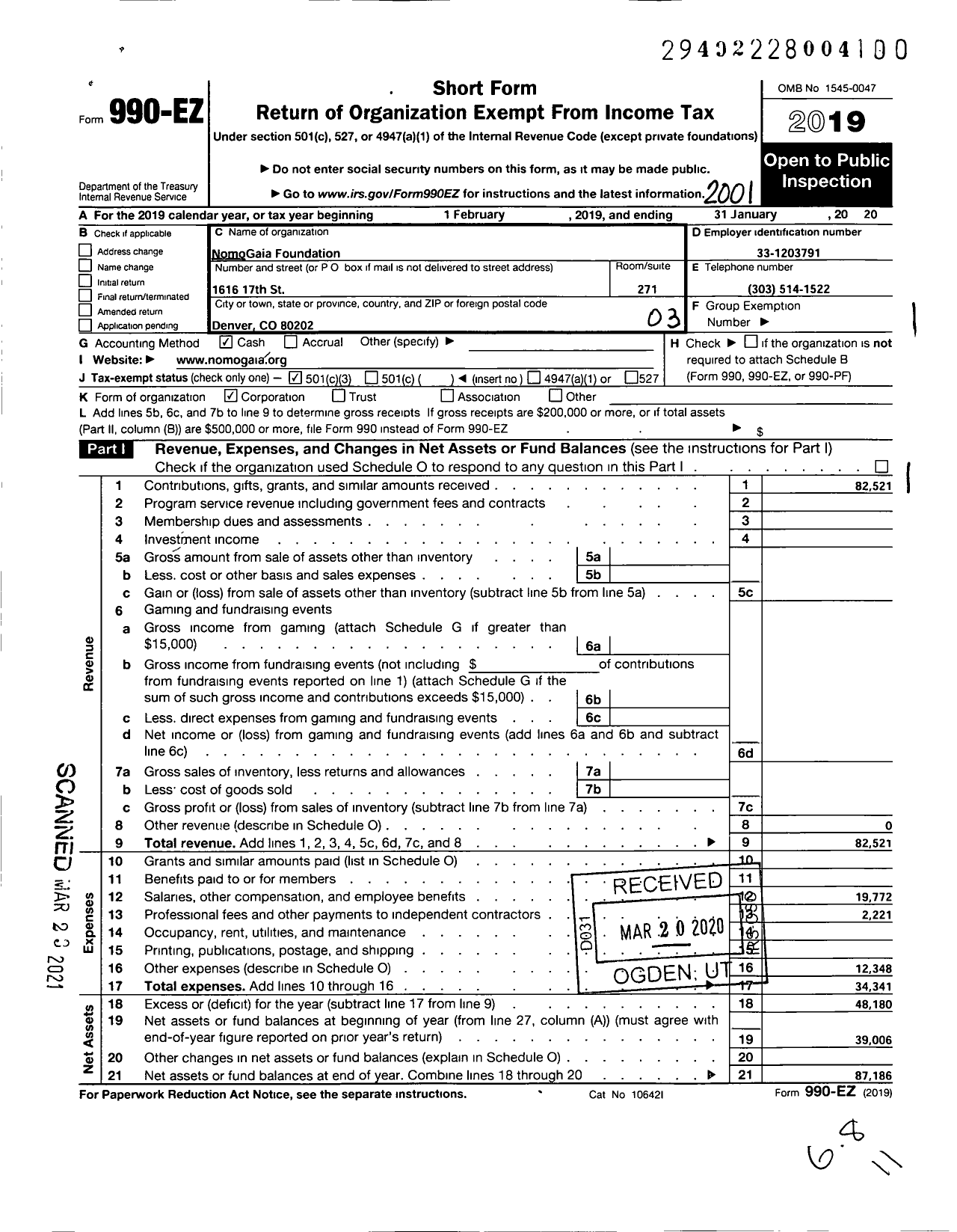 Image of first page of 2019 Form 990EZ for Nomogaia Foundation