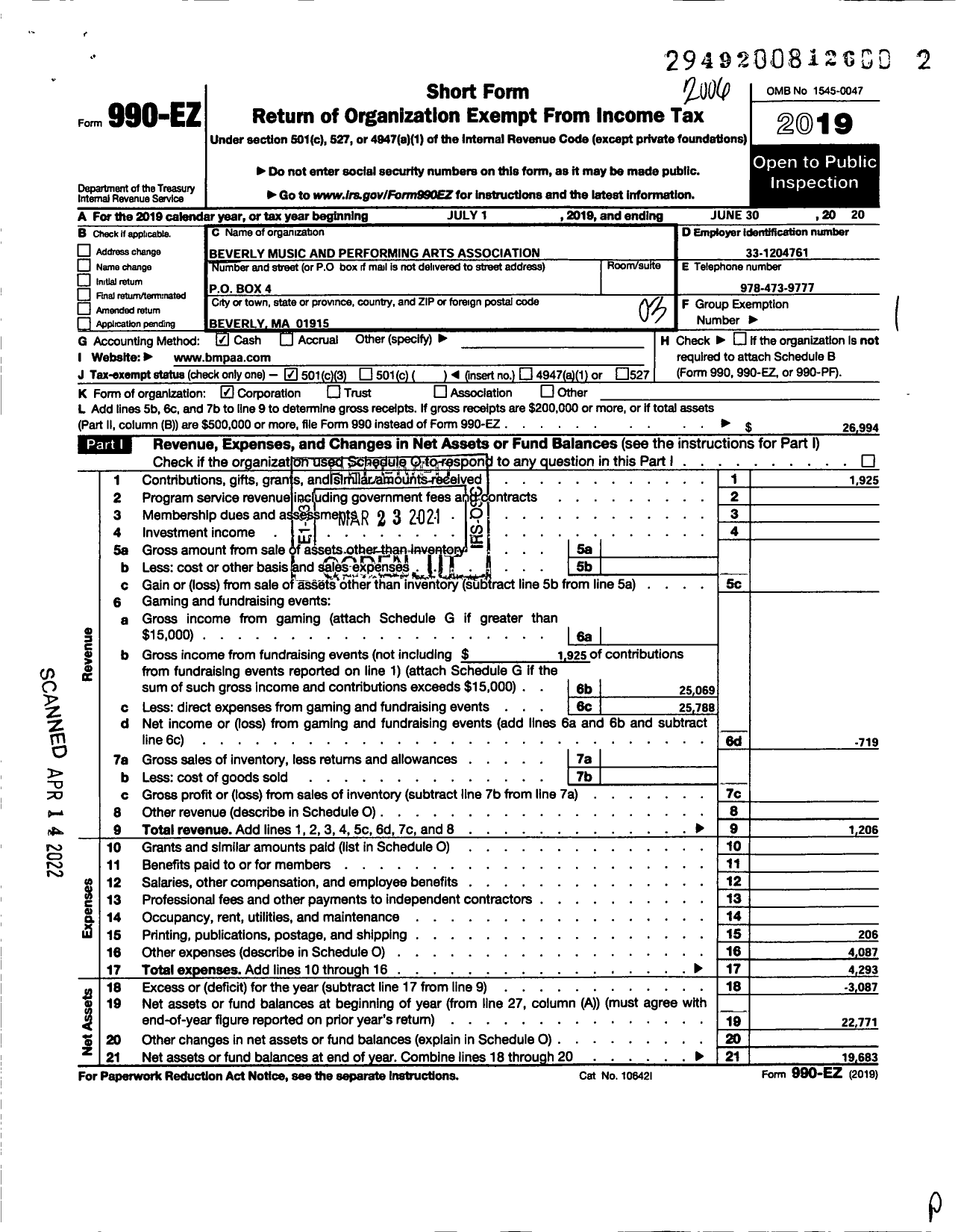 Image of first page of 2019 Form 990EZ for Beverly Music and Performing Arts Association