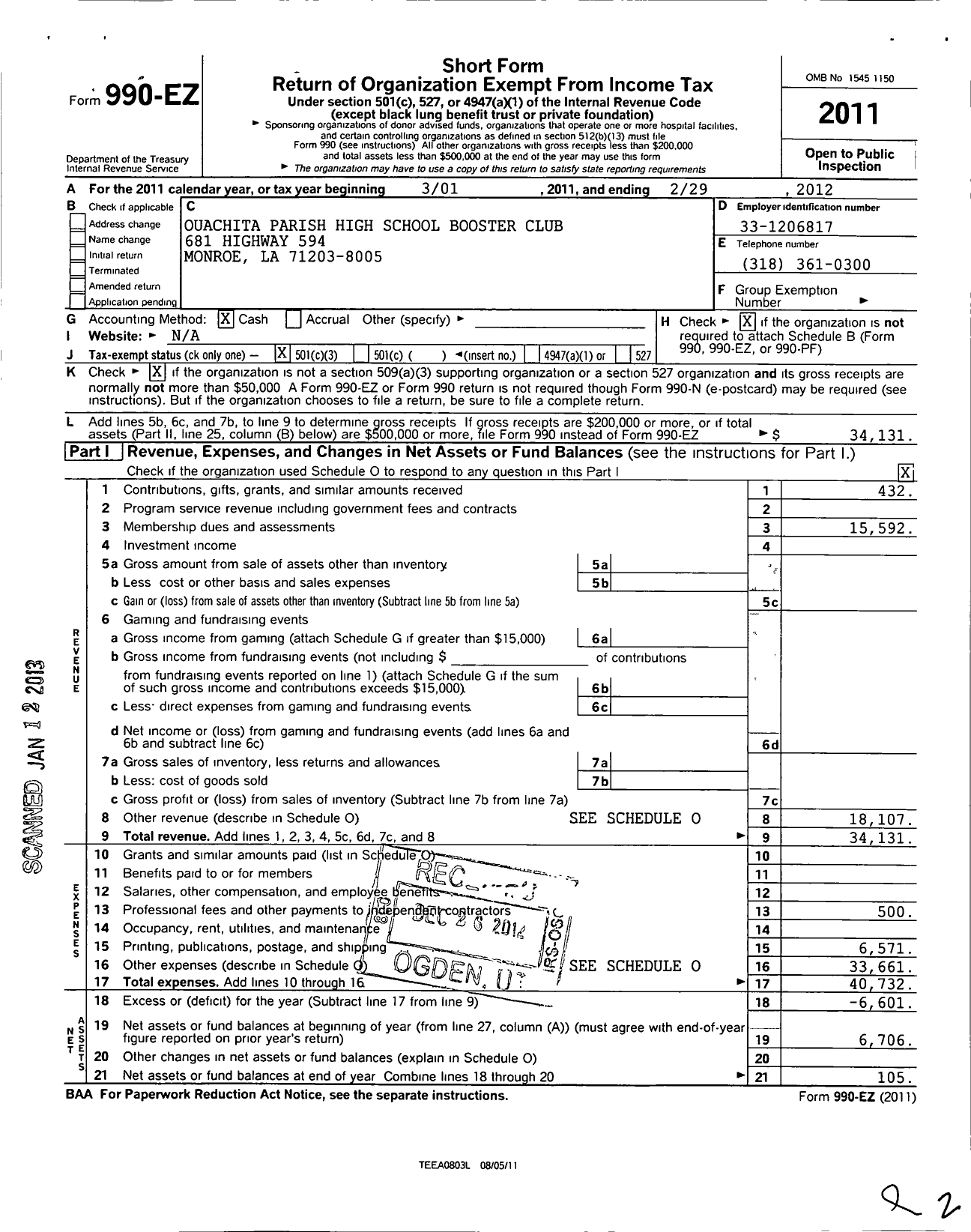 Image of first page of 2011 Form 990EZ for Ouachita Parish High School Football Booster Club