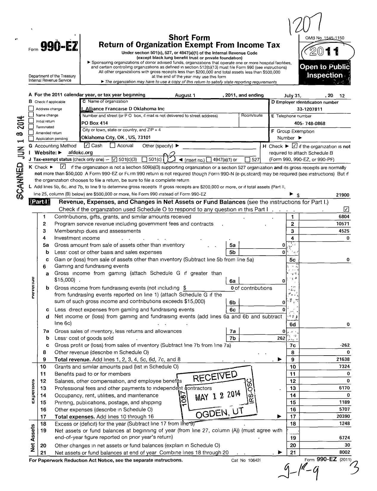 Image of first page of 2011 Form 990EZ for L Alliance Francais D Oklahoma