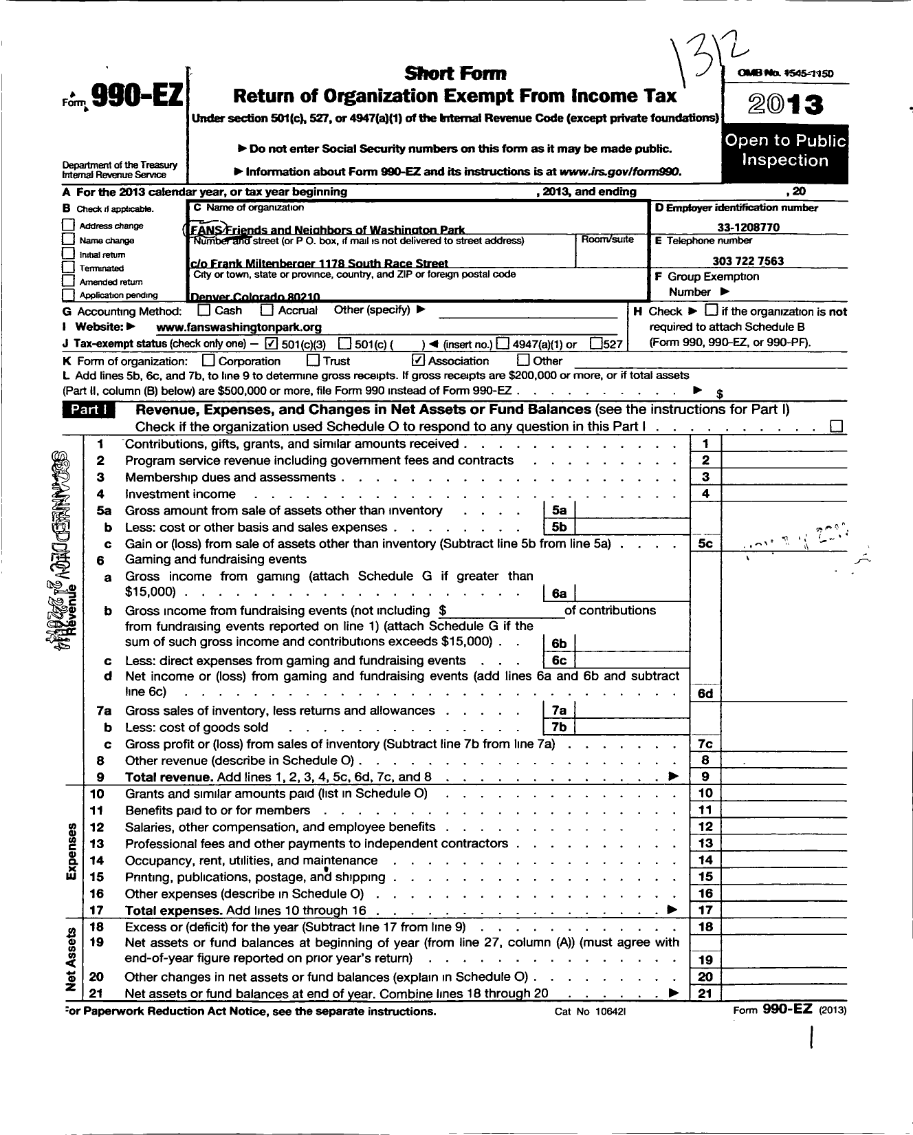 Image of first page of 2013 Form 990EZ for Friends and Neighbors of Washington Park