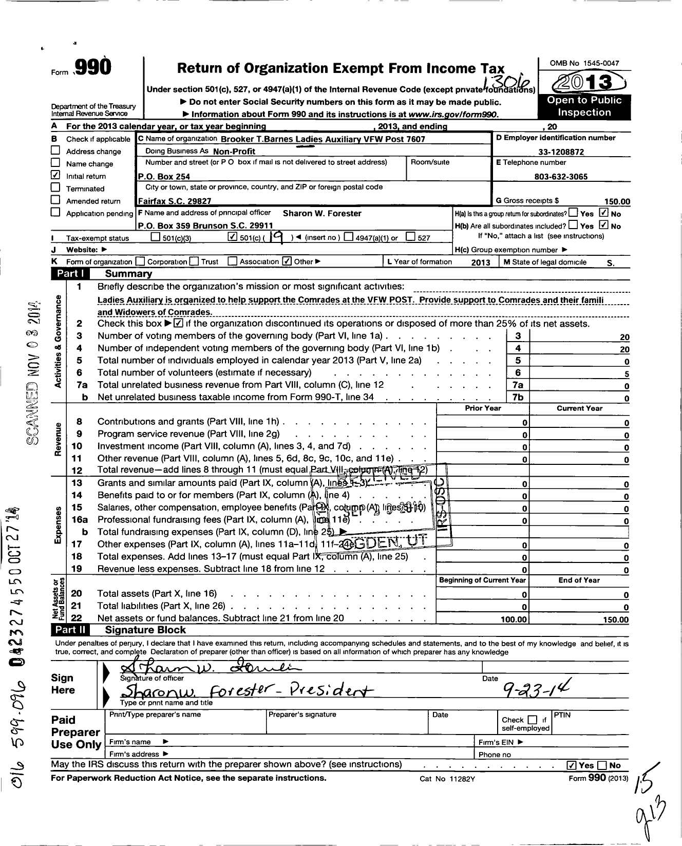 Image of first page of 2012 Form 990O for VFW Auxiliary VFW Department of S C - 7607 Booker T Barnes Post Lad Auxiliary