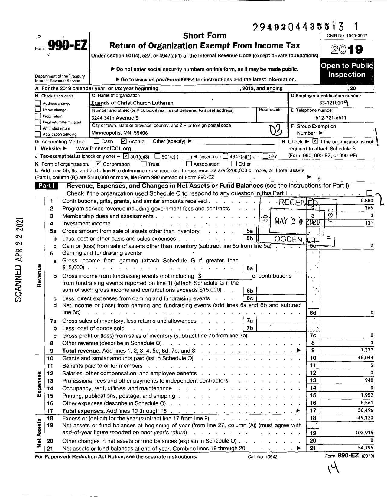 Image of first page of 2019 Form 990EZ for Friends of Christ Church Lutheran