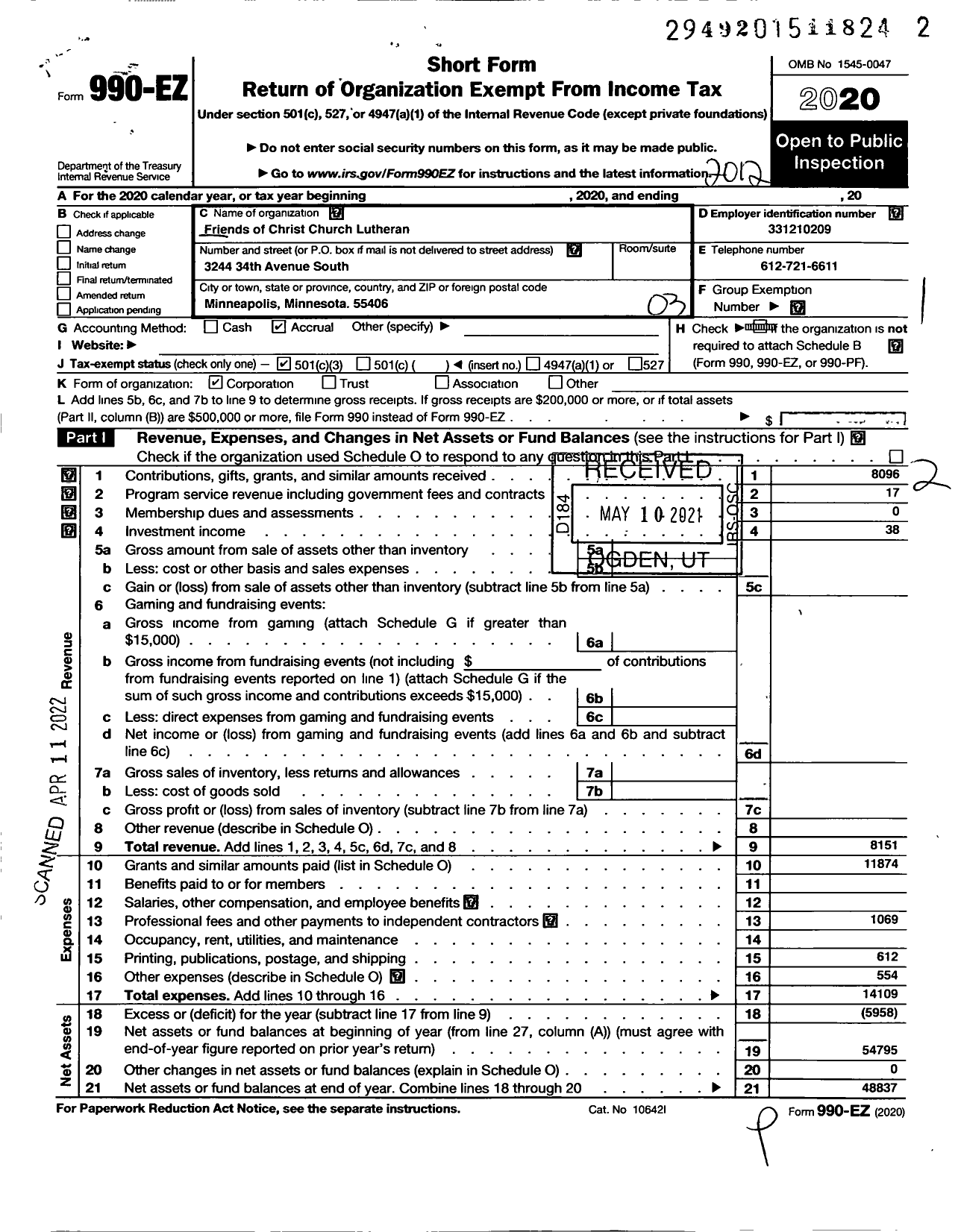 Image of first page of 2020 Form 990EZ for Friends of Christ Church Lutheran