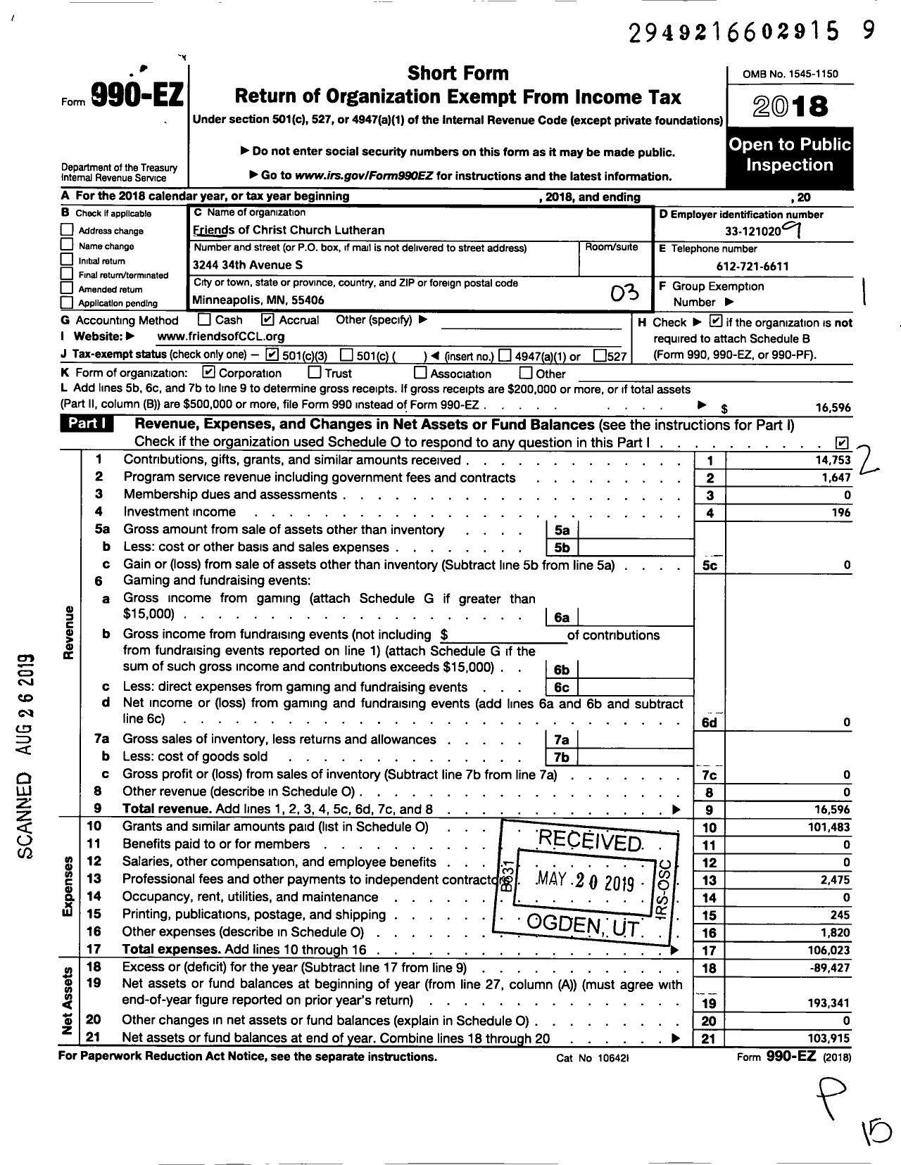 Image of first page of 2018 Form 990EZ for Friends of Christ Church Lutheran