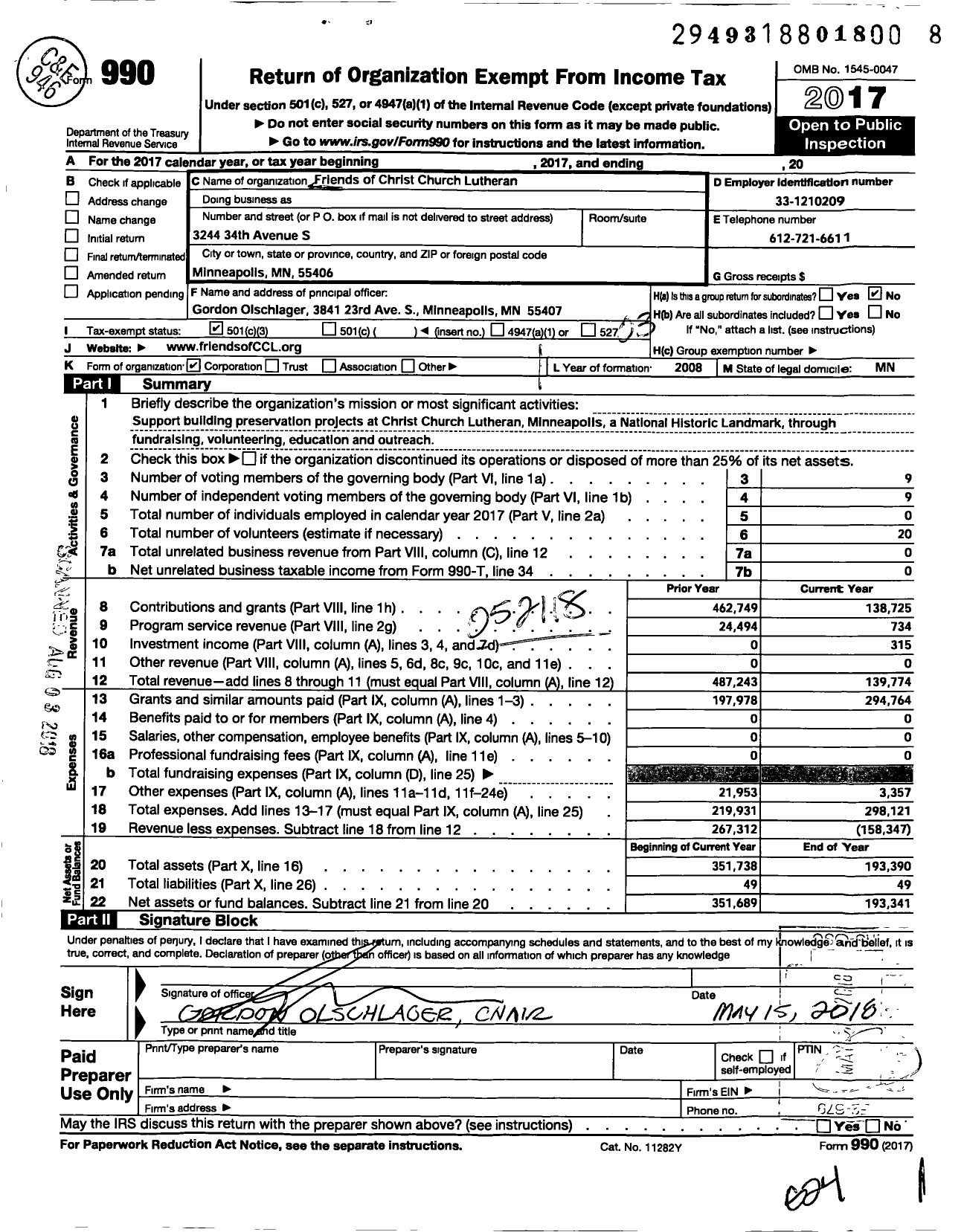 Image of first page of 2017 Form 990 for Friends of Christ Church Lutheran