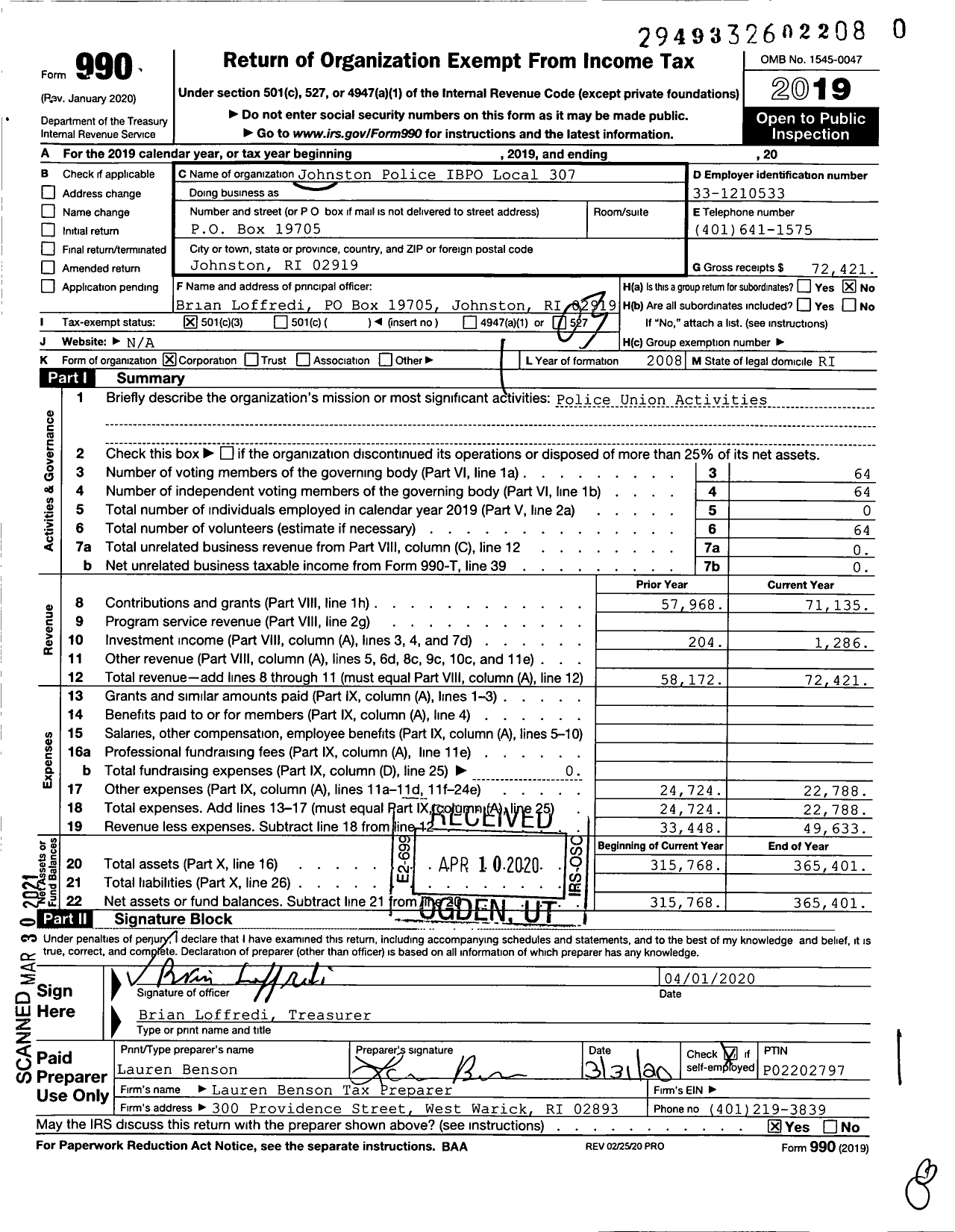 Image of first page of 2019 Form 990 for Johnston Police IBPO Local 307