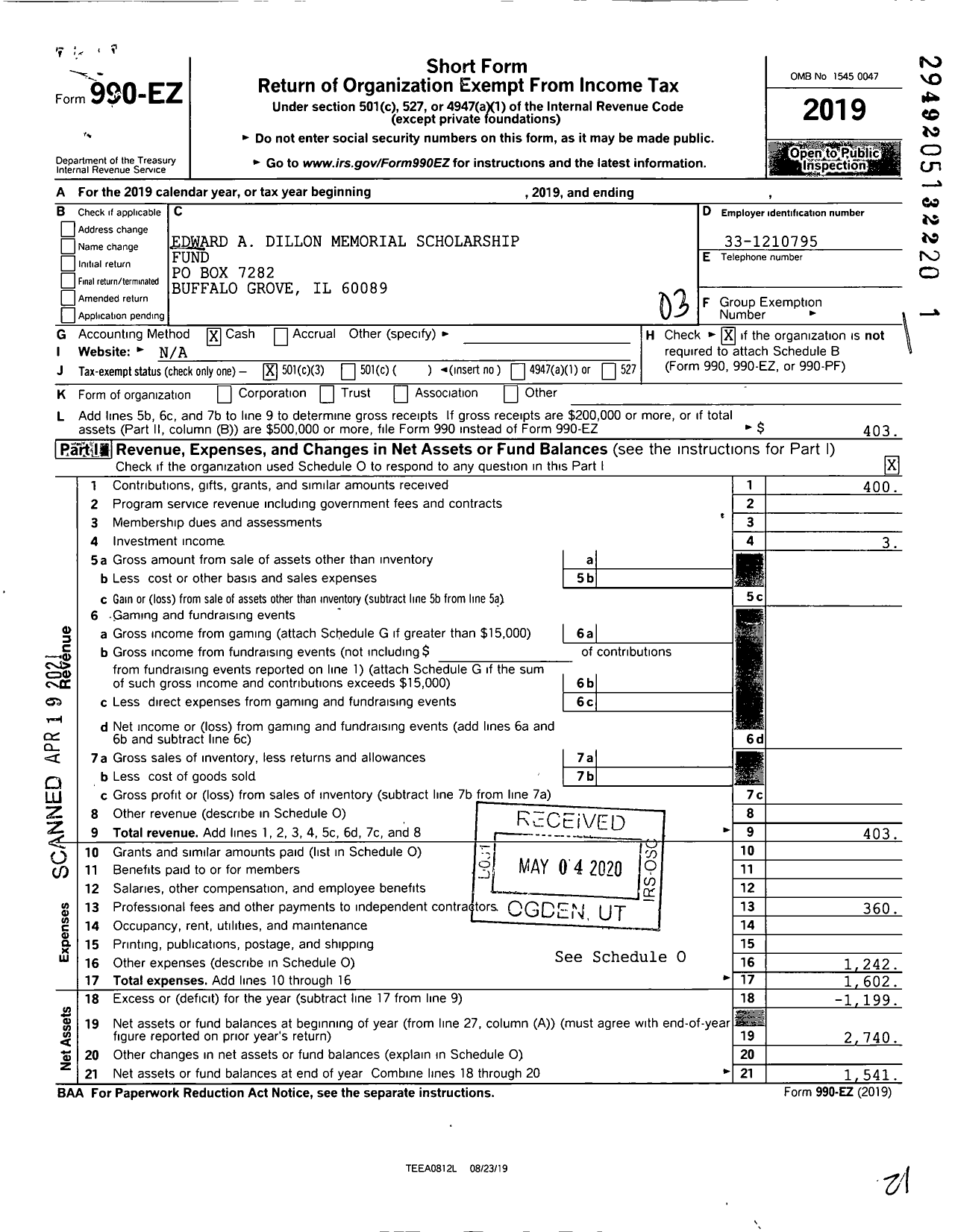 Image of first page of 2019 Form 990EZ for Edward A Dillon Memorial Scholarship Fund