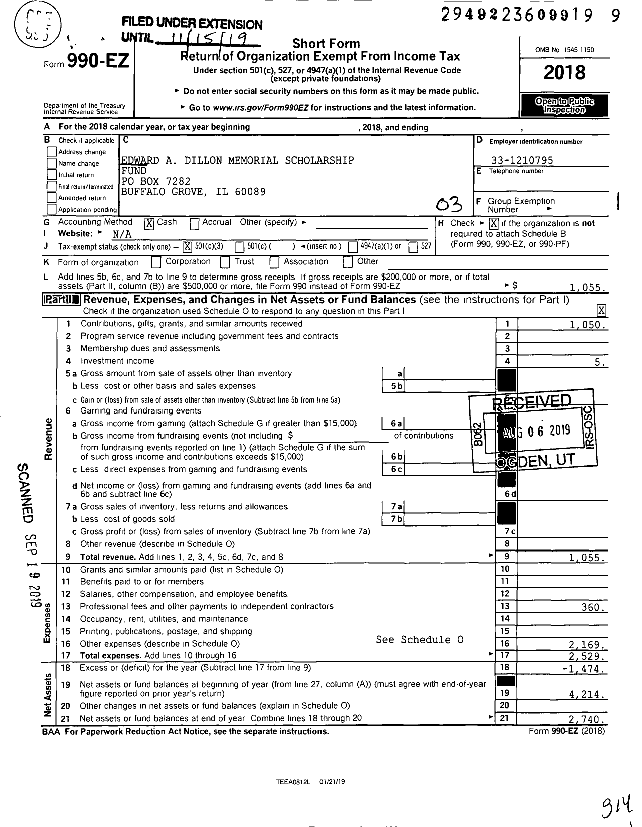 Image of first page of 2018 Form 990EZ for Edward A Dillon Memorial Scholarship Fund