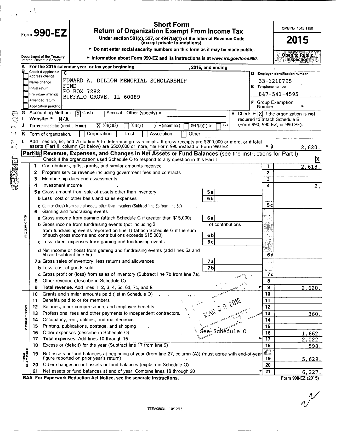 Image of first page of 2015 Form 990EZ for Edward A Dillon Memorial Scholarship Fund