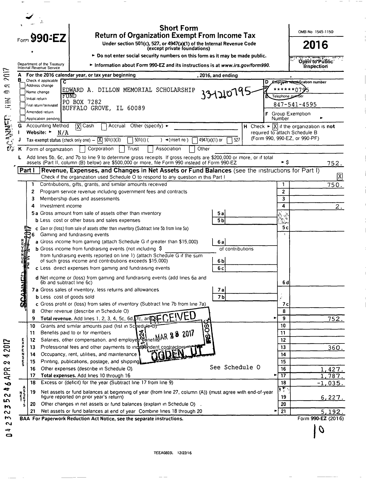 Image of first page of 2016 Form 990EZ for Edward A Dillon Memorial Scholarship Fund