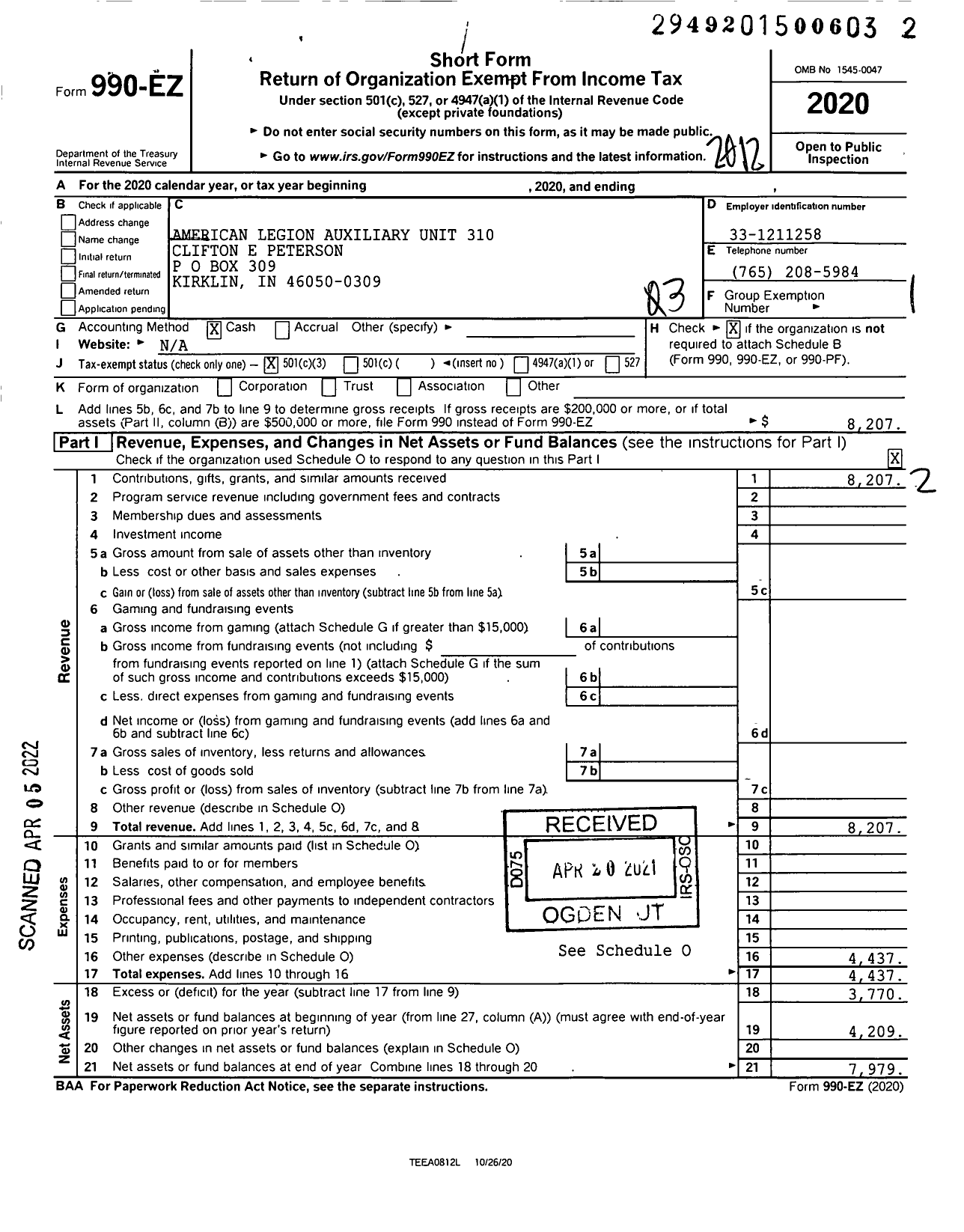 Image of first page of 2020 Form 990EZ for American Legion Auxiliary - Kirklin American Legion