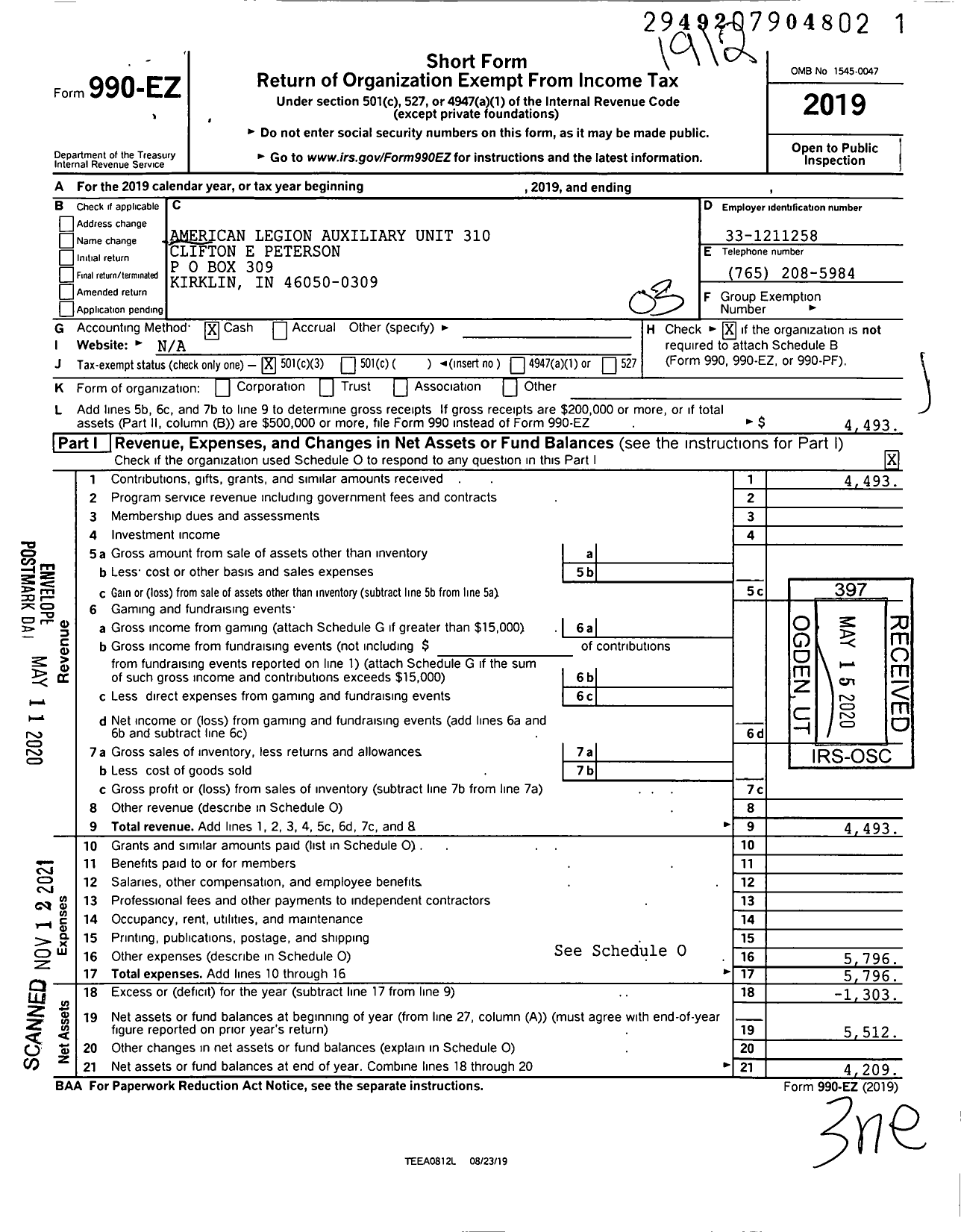 Image of first page of 2019 Form 990EZ for American Legion Auxiliary - Kirklin American Legion