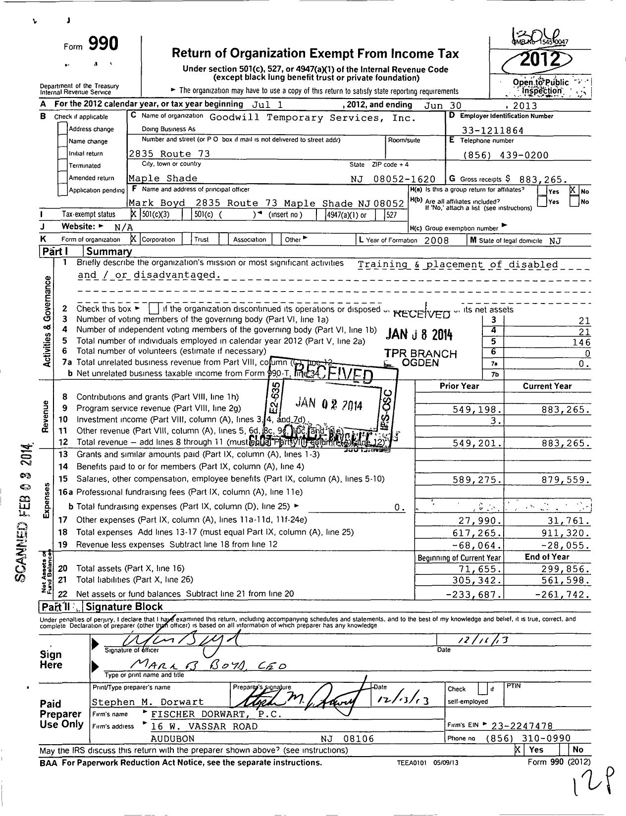 Image of first page of 2012 Form 990 for Goodwill Temporary Services